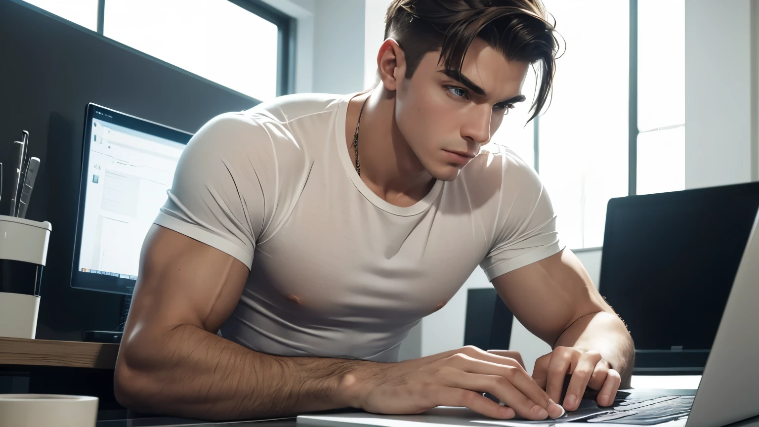 Masterpiece, best quality, super detailed, sfw, 1boy, an attractive 18 year old white boy laying in bed using laptop video call, looking at laptop screen, ((sweat)), topless, wearing tight underwear, big bulge , full body shot, side view,