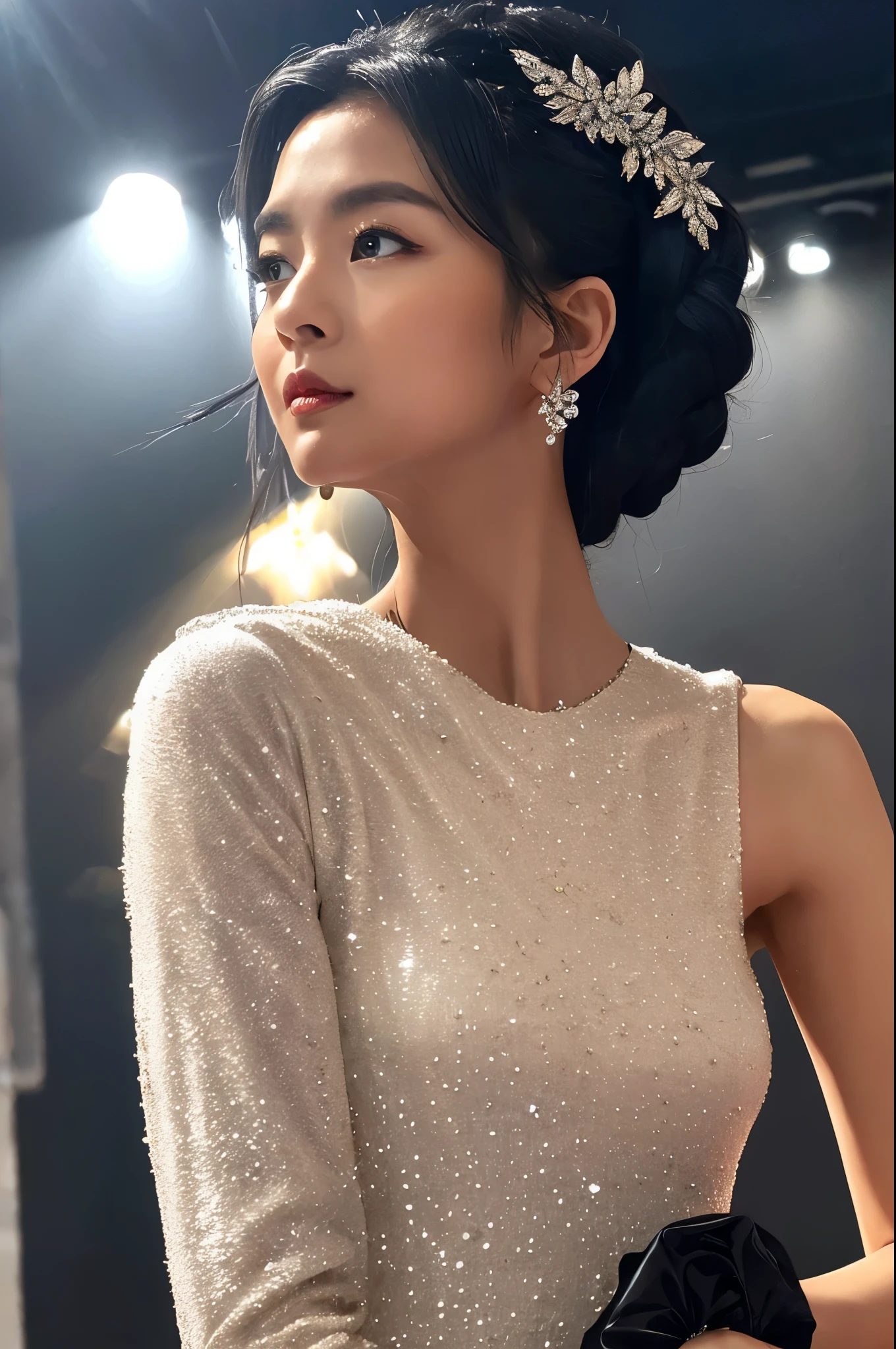 (detaileds,8K,realisticlying,meticulous,Real Human)The queen with a dark temperament exudes a cold charm,She has a face that is difficult to ignore。Thick and thin black hair rests on the shoulders,Exudes a touch of mystery。Her eyes were deep and sharp,Like the stars in the night,It reveals incomprehensible forces。Her high nose and slightly raised lips are、Outline the perfect proportions of her face,It gives a sense of nobility and coldness。Her skin was as fair as snow,It's as if you've never seen the pure color of the sun's rays,The contrast with black hair is impressive..。She is slim and attractive,Like a graceful black swan。She wore a silvery-white bandowdress,The material of the dress sparkles,Mysterious and enchanting glow in the dark。The skirt is stretched down,Gently stroke the curves of her slender legs,Show off her charming figure。She has an obsidian bracelet embedded on her wrist,Exudes mystical energy。Every time she moves,The obsidian on the bracelet emits a dark and dazzling light,It was as if connected to her soul。She wears high-heeled black leather boots,The exquisite design expresses her unique taste。Every step she took,It was as if the whole world was trembling,Her aura seemed to be able to tear through the darkness,Make a way for her to be alone。Black Queen、It attracted attention with its elaborate appearance,Every detail exudes a charm that cannot be ignored。Her icy appearance hides infinite power,a person々Let her have an inexplicable sense of awe and longing。Looks Back。Peach butt