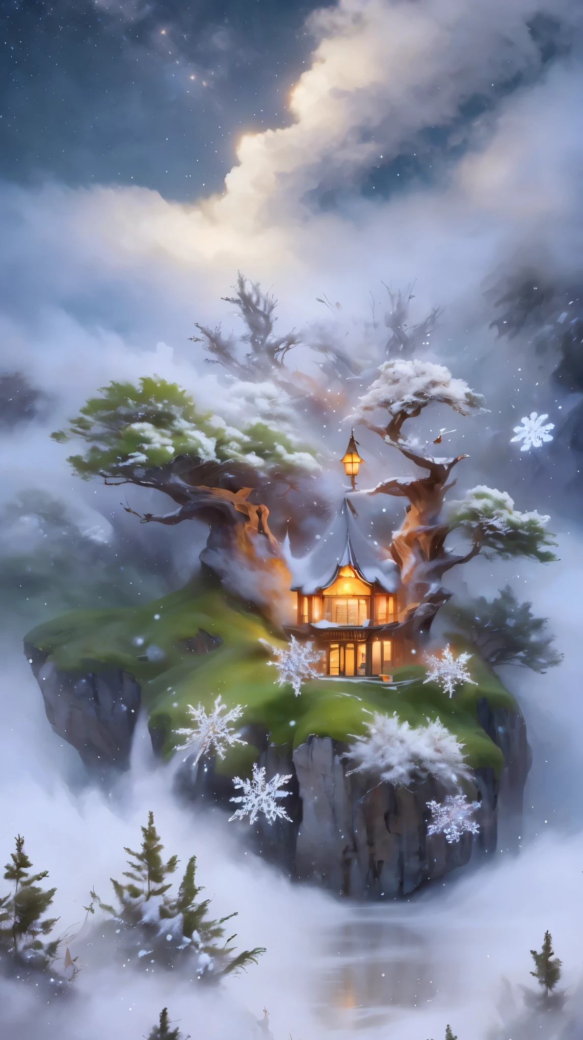 Princess的脸出现在空中,Winter scenery,Surreal wonderland,Dreamy cloud and fairy island,(big snowflake:1.3),五颜六色的big snowflake飞舞着,Princess'The palace is covered with snow,The tree of life blooms with endless vitality,Twinkling stars in the night sky,Overlapping clouds and fog,Whimsical fantasy landscape art, Beautiful Art Ultra HD 8K, 8k highly detailed digital art, Beautiful and detailed fantasy, Epic fantasy landscape, Mysterious and dreamy scenery, Magic fantasy is very detailed, magical scenery, 由big snowflake和梦幻漂浮的仙女岛组成, Detailed fantasy digital art, 8k detailed digital art