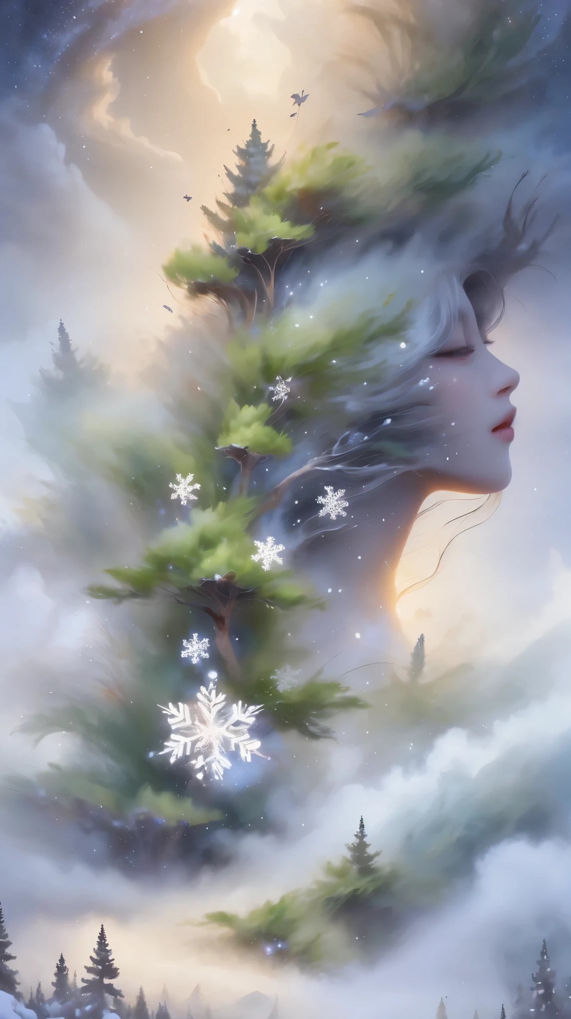 Princess的脸出现在空中，Winter scenery，Surreal wonderland，Dreamy cloud and fairy island，(big snowflake:1.3)，五颜六色的big snowflake飞舞着，Princess&#39;The palace is covered with snow，The tree of life blooms with endless vitality，Twinkling stars in the night sky，Overlapping clouds and fog，Whimsical fantasy landscape art, Beautiful Art Ultra HD 8K, 8k highly detailed digital art, Beautiful and detailed fantasy, Epic fantasy landscape, Mysterious and dreamy scenery, Magic fantasy is very detailed, magical scenery, 由big snowflake和梦幻漂浮的仙女岛组成, Detailed fantasy digital art, 8k detailed digital art