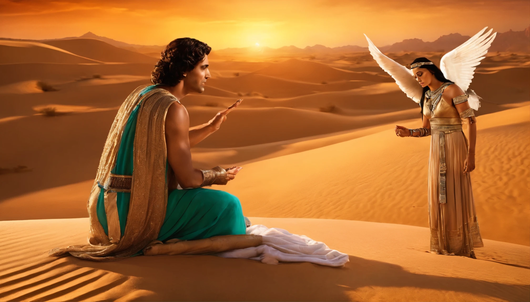 a male angel sending a message to an Egyptian woman who is in the desert, Old Testament