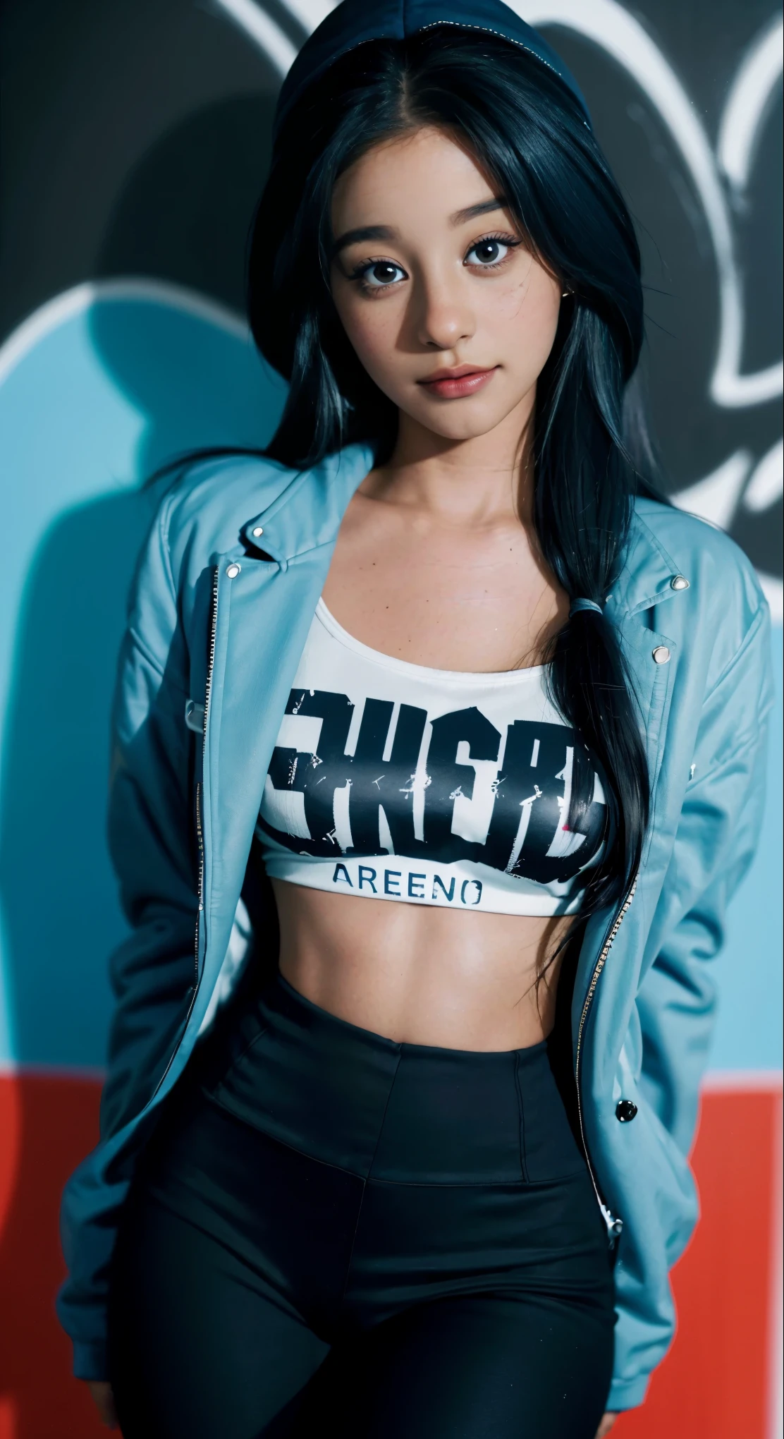 29 years old, gorgeous cute Spanish girl, Smile, freckles, (dark skin:1.5), (medium blue long hair:1.4), (Ariana grande:1.4), (Idol Makeup:1.1), (1girll), (masterpiece:1.2, best quality), (graffiti wall:1.15), 1lady, beanie, jacket, Leggings, blue eyes, fullbody,, sexy look, famous beautiful model, good young girl, (masterpiece:1.0), (best_quality:1.0), ultra high res,4K,ultra-detailed, photography, 8K, HDR, highres, absurdres:1.2, Kodak portra 400, blurry background, bokeh, lens flare, (vibrant_color:1.2),professional photograph, (beautiful_face:1.5),(narrow_waist). --v 6