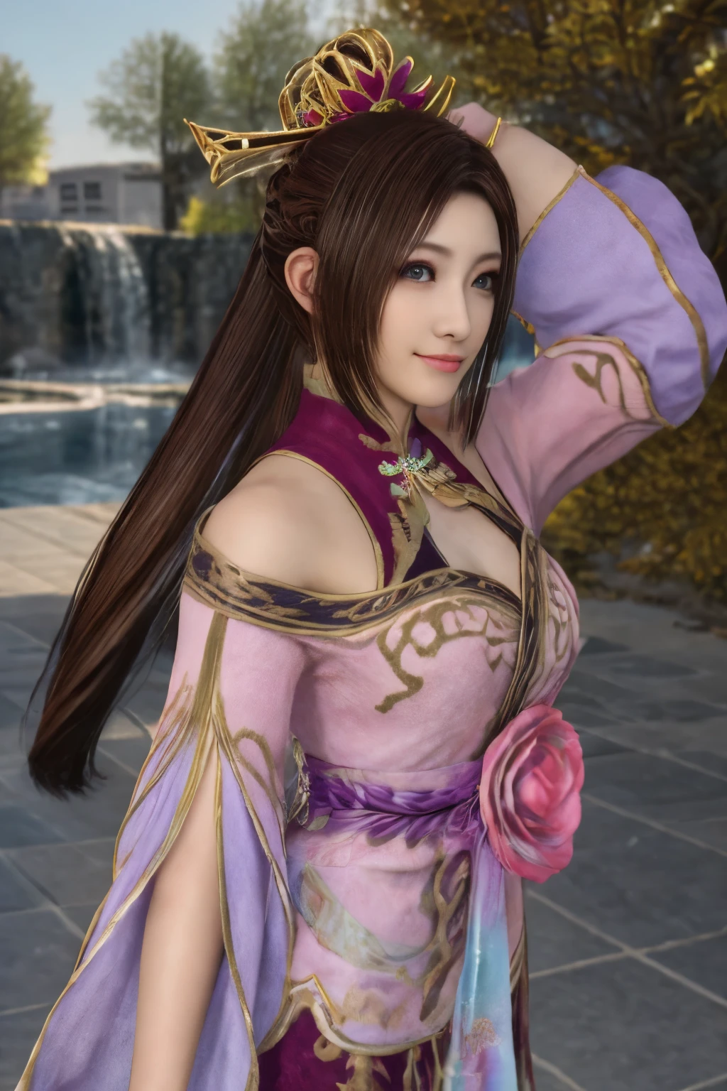 Diaochan from Sangoku Musou 8,masterpiece、1 cute girl、17-year-old high school student、smile,fine eyes、puffy eyes、bright outdoors,Bright downtown、highest quality, 超High resolution, (reality: 1.4), movie lighting、Japanese、asian beauty、Korean、super beautiful、beautiful skin、body facing forward、whole body,Upper body、(超reality的な)、(High resolution)、(8K)、(very detailed)、(美しくfine eyes)、(Super detailed)、 (wall-)、detailed face、bright lighting、professional lighting、looking at the viewer、look straight ahead、slanted bangs、brown hair、Nogizaka idol、