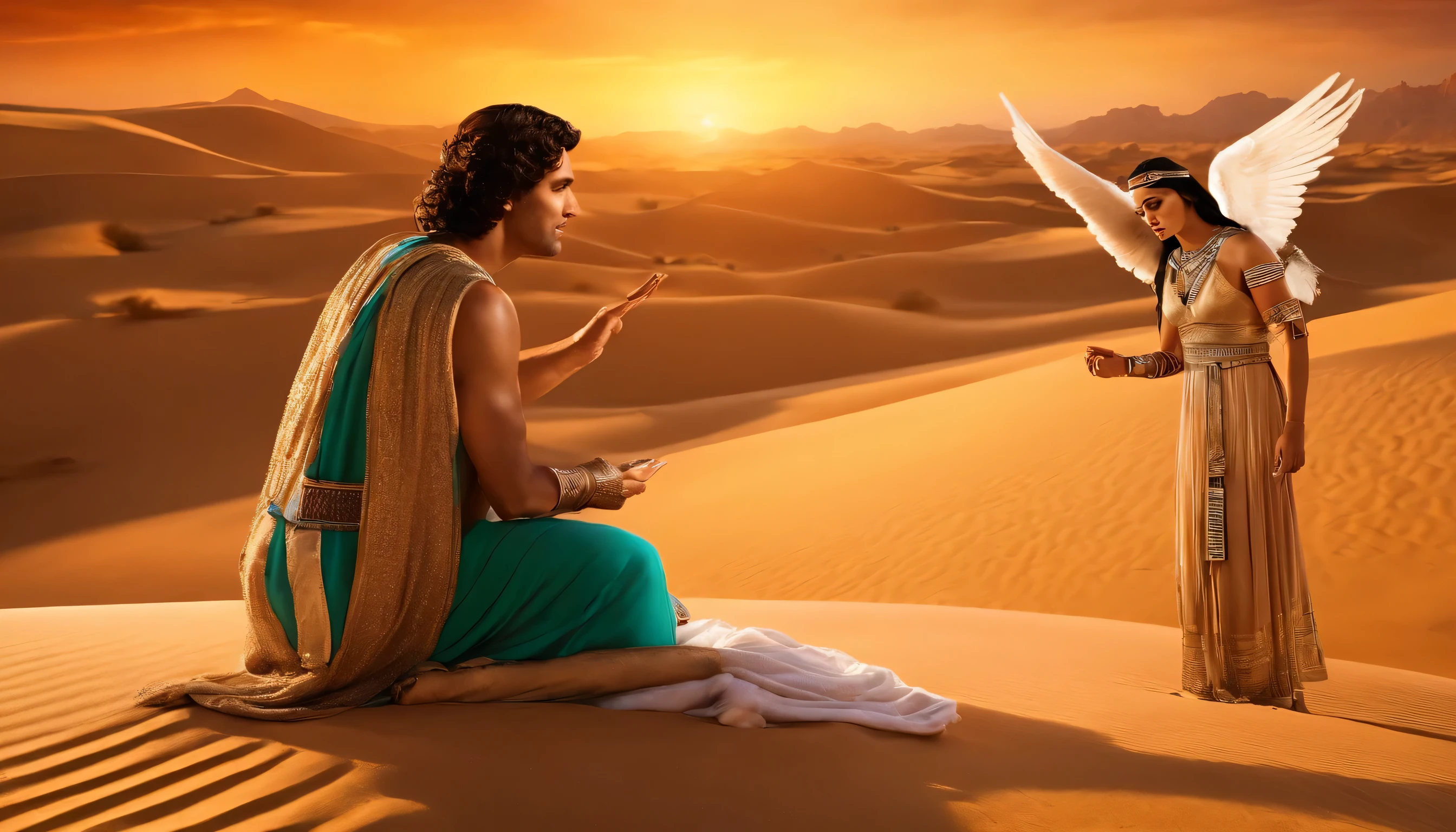 a male angel sending a message to an Egyptian woman who is in the desert, antigo Testamento