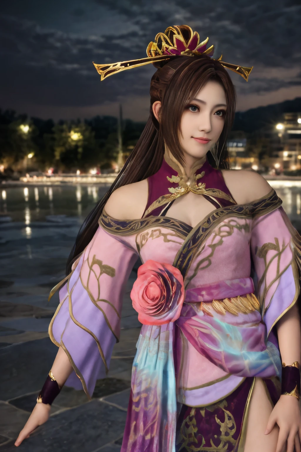 Diaochan from Sangoku Musou 8,masterpiece、1 cute girl、17-year-old high school student、smile,fine eyes、puffy eyes、bright outdoors,Bright downtown、highest quality, 超High resolution, (reality: 1.4), movie lighting、Japanese、asian beauty、Korean、super beautiful、beautiful skin、body facing forward、whole body,Upper body、(超reality的な)、(High resolution)、(8K)、(very detailed)、(美しくfine eyes)、(Super detailed)、 (wall-)、detailed face、bright lighting、professional lighting、looking at the viewer、look straight ahead、slanted bangs、brown hair、Nogizaka idol、