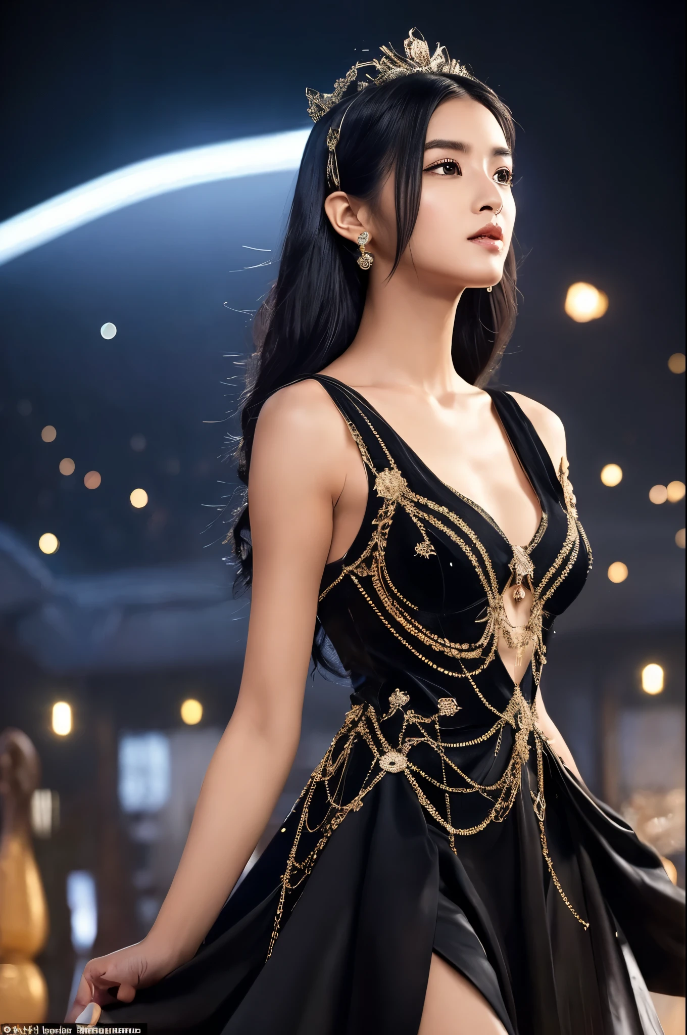   selfie, Chinese people,  calm face, 1 woman playing piano wearing futuristic gothic party dress white gold black bacground on balcony of european house and lime green beach,  full HD, 16k, high contrast, high saturation, hyper realistic photos, good light, Nice face and very detailed