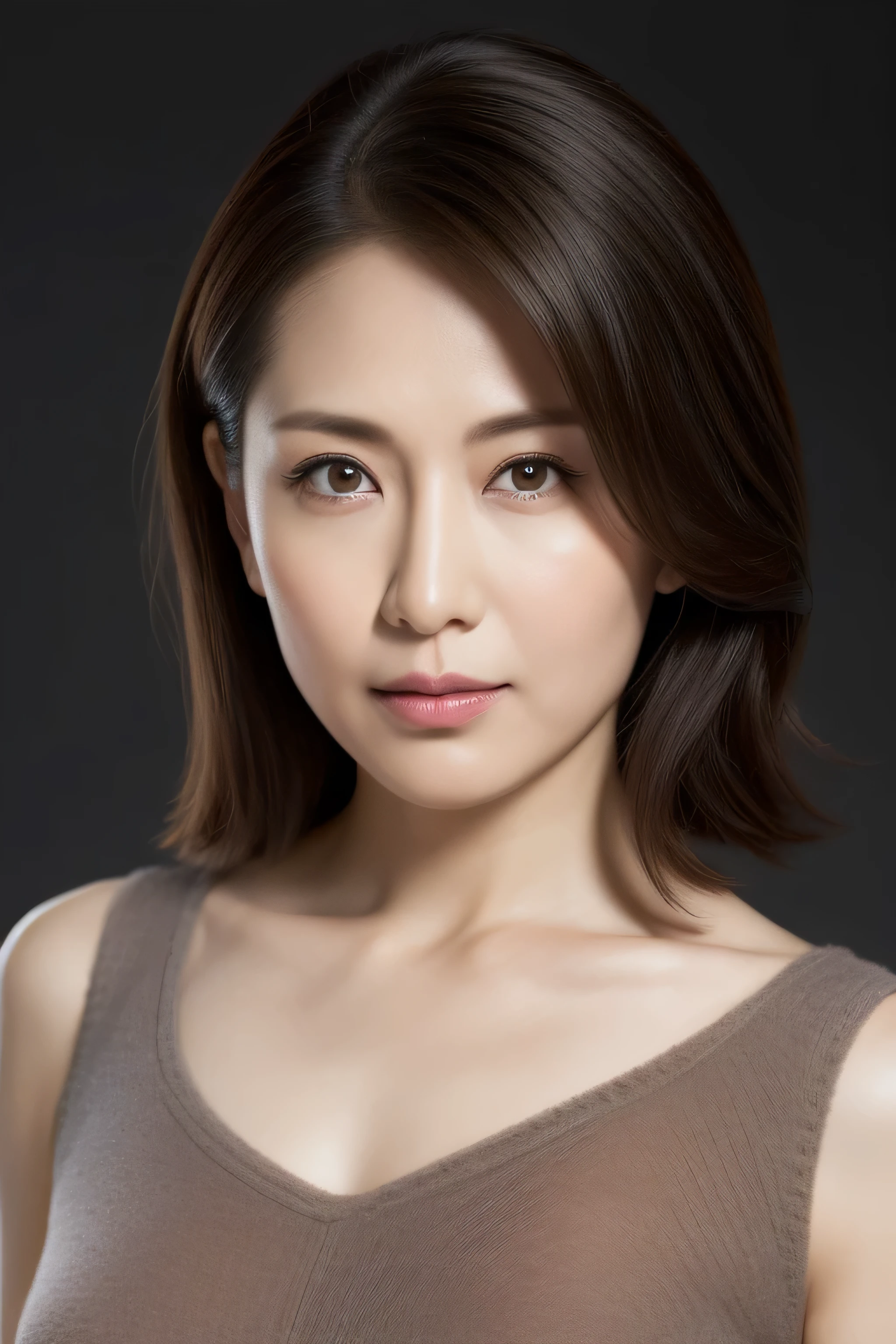 ultra high resolution, masterpiece, rough skin, very detailed, Photoreal, professional lighting, Depth of written boundary, sharp, (gray background), (Front view：1.2),(japanese mature, 38 year old woman is sexy), detailed face, beautiful eyes, bangs, good shape big , light brown straight hair, faint lips, (Catch Eye:1.3),((stand in front、look at the audience, serious face eyes,)), sweater, theta, full body photo, cowboy shot