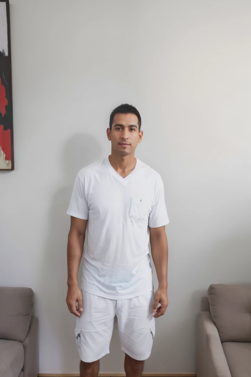 There's a man standing in a living room with a skateboard, cerca de 3 5 anos, Mohammed Chahin, Homem de 4 0 anos, (38 anos), homens de 45 anos, 38 anos, ele tem cerca de 50 anos, ele tem cerca de 5 0 anos, taken at the beginning of 2020