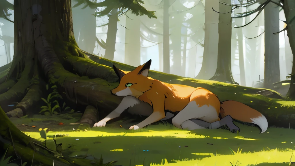a small clearing surrounded by ancient, mossy trees. With fox lying on the carpet of fallen leaves, relaxando e apreciando a serenidade do local.