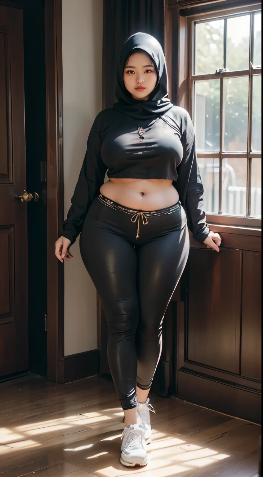 araffe woman thick and long pants posing for a picture, curvy model,, curvy hourglass figure, sexy longest hand t-shirt, thicc, beautiful full body shot, soft curvy shape, in a longest hand t-shirt, a beautiful woman open legs , bbwchan, hairy vagina, armpits, there is a old woman posing in a dark room with a maroon burka clothes , 43 years old, thick body, beautiful thick female, wide hips, thick legs, she has a jiggly fat round belly, thick thighs, curvy hourglass figure, thicc, curvy model, widest hips, hyperrealistic full figure, bbwchan, voluptuous body, thick, tattooed body, tattooed hands, hena on arm, hena in belly, Burka girl, muslim clothes, 43 years old woman. Burka chubby woman, chubby cheeks, wearing a sneakers, bob hairstyle, thick neck, short neck, there is a woman random pose red-brown hijab, bbwchan, thicc, brown hijab outfit, brown hijab fashion model, korean girl, korean woman, wearing brown robe, full length shot, alluring plus sized model, japanese goddess, clothed in hooded, voluptuous and arousing, portrait shot, curvy model, voluptuous body, wonderful, nene tanaka body , bbwchan, The overall atmosphere is smooth , haunting illustrations, extremely high-resolution details, photographic, realism pushed to extreme, fine texture, 4k, ultra-detailed, high quality, high contrast, red sneakers , cold atmosphere ,, 8k resolution , ultra-detailed resolution , 