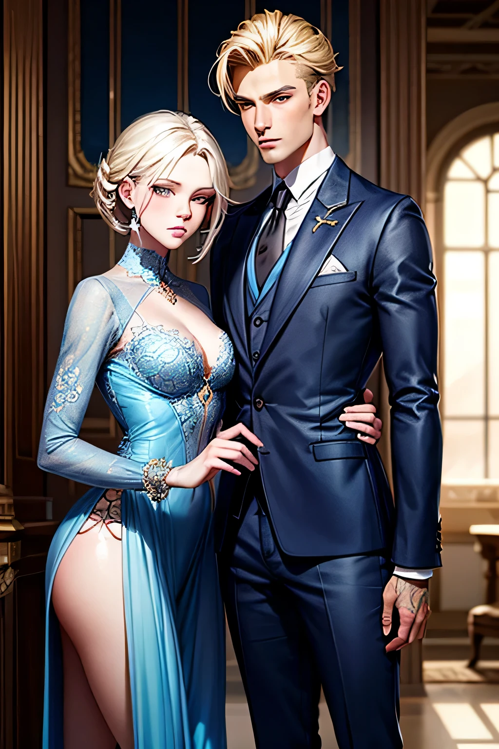 femme aux cheveux blonds aux yeux bleus et un homme en costume, Sakimichan et Frank Franzzeta, Beau prince androgyne
