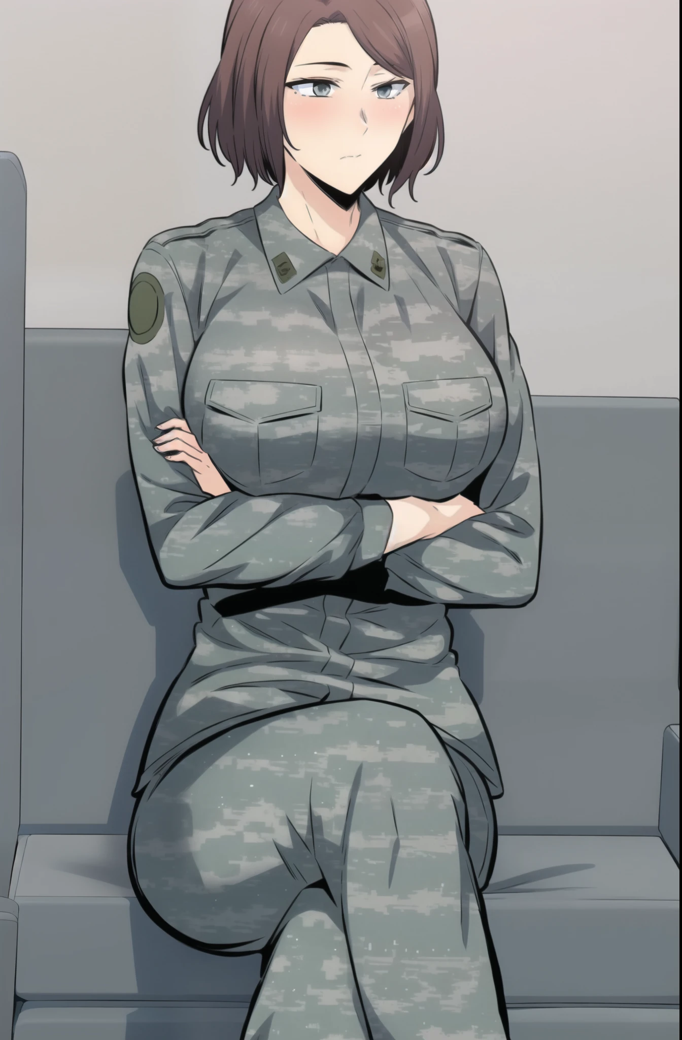 master piece, 1girl, solo, blush, short hair, large breasts, brown hair, white background, sitting, pants, uniform, looking to the side, grey eyes, military, military uniform, looking away, crossed arms, camouflage


