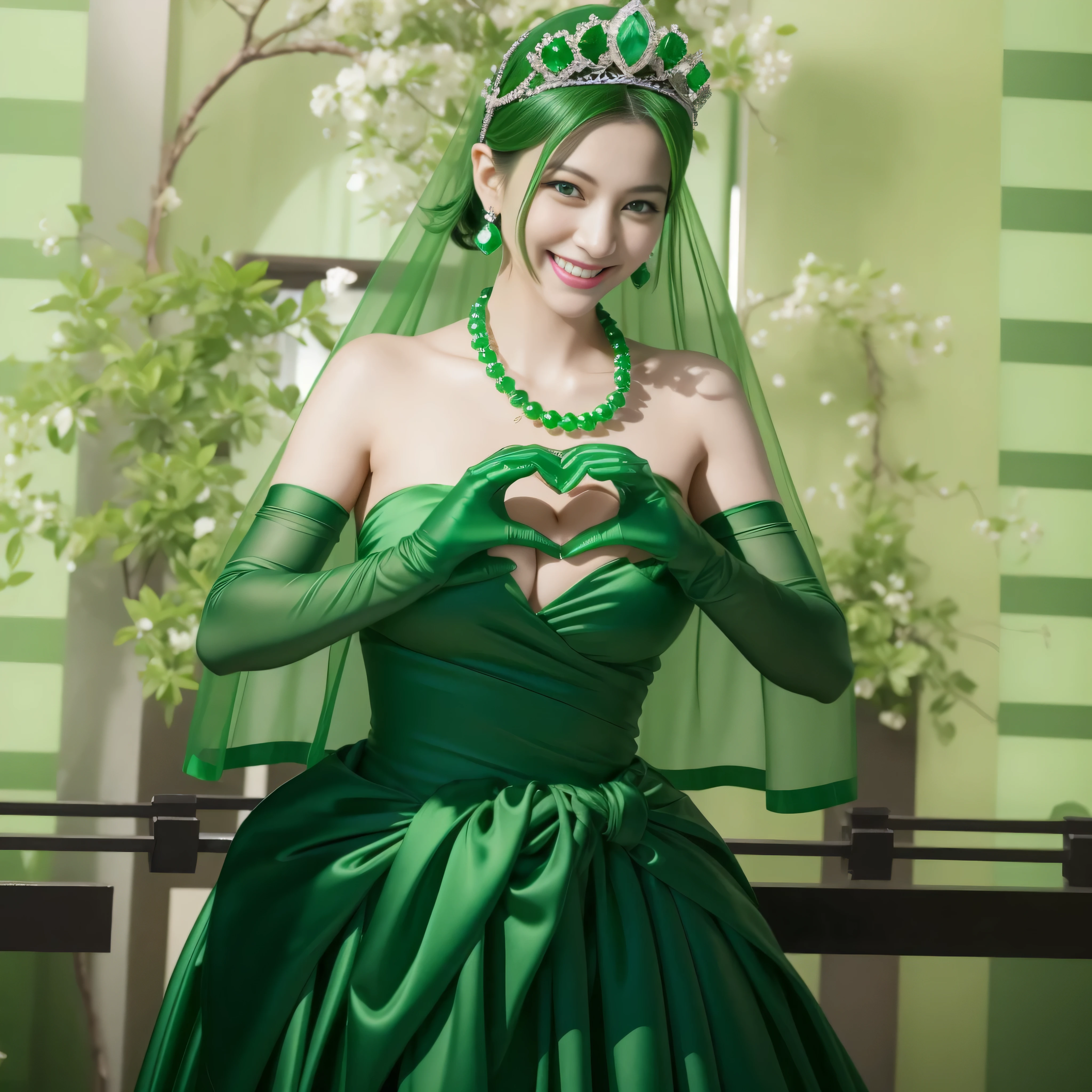 emerald tiara, green pearl necklace, boyish very short green hair, lipstick, smiling Japanese woman, very short hair, big breasts beautiful, green eyes, Long Green Satin Gloves, green eyes, V sign, emerald earrings, green veil, green lip gloss
