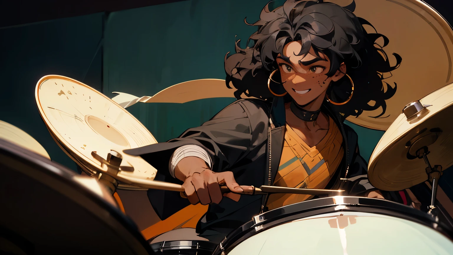 Dark-skinned boy, man, black curly hair, freckles on his face, happy, taking off a stylized mask, showing a part of his face, playing the drums, high resolution, high details, 4K, ultra hd