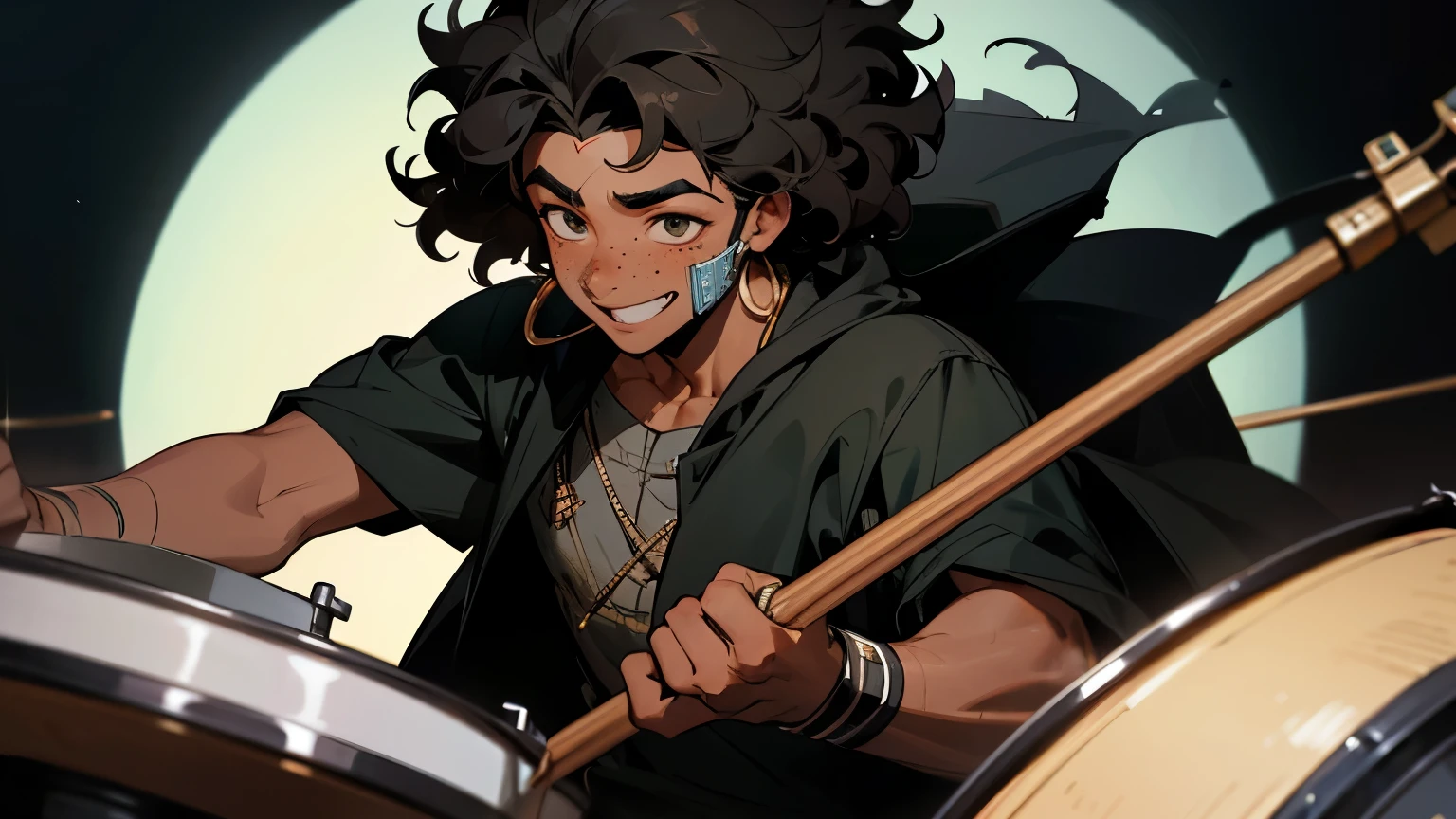 Dark-skinned boy, man, black curly hair, freckles on his face, happy, taking off a stylized mask, showing a part of his face, playing the drums, high resolution, high details, 4K, ultra hd