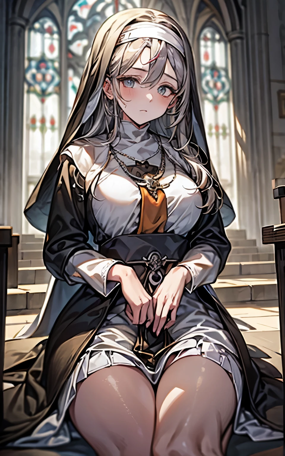 best quality people,masterpiece,final solution,fluffy,非常にcolorfulな,colorful,saint,silver-white long hair,curly,mature woman,good,(Nun dress:1.3),Cathedral,sanctuary,normal posture