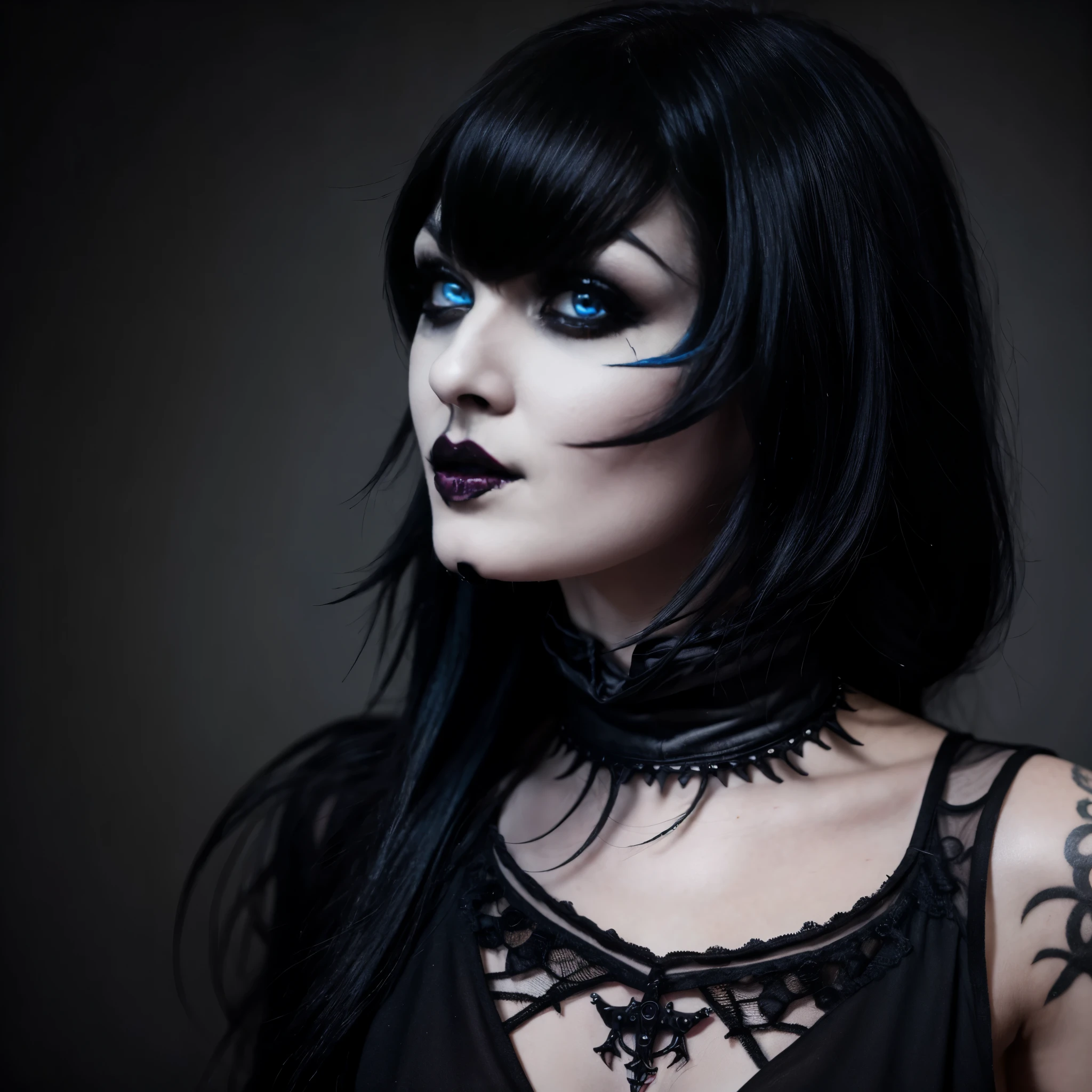 Random scene, (Goth:1.6), black hair, red lipstick, blue eyes, hyper realistic, 8k, vibrant colors, sharp image