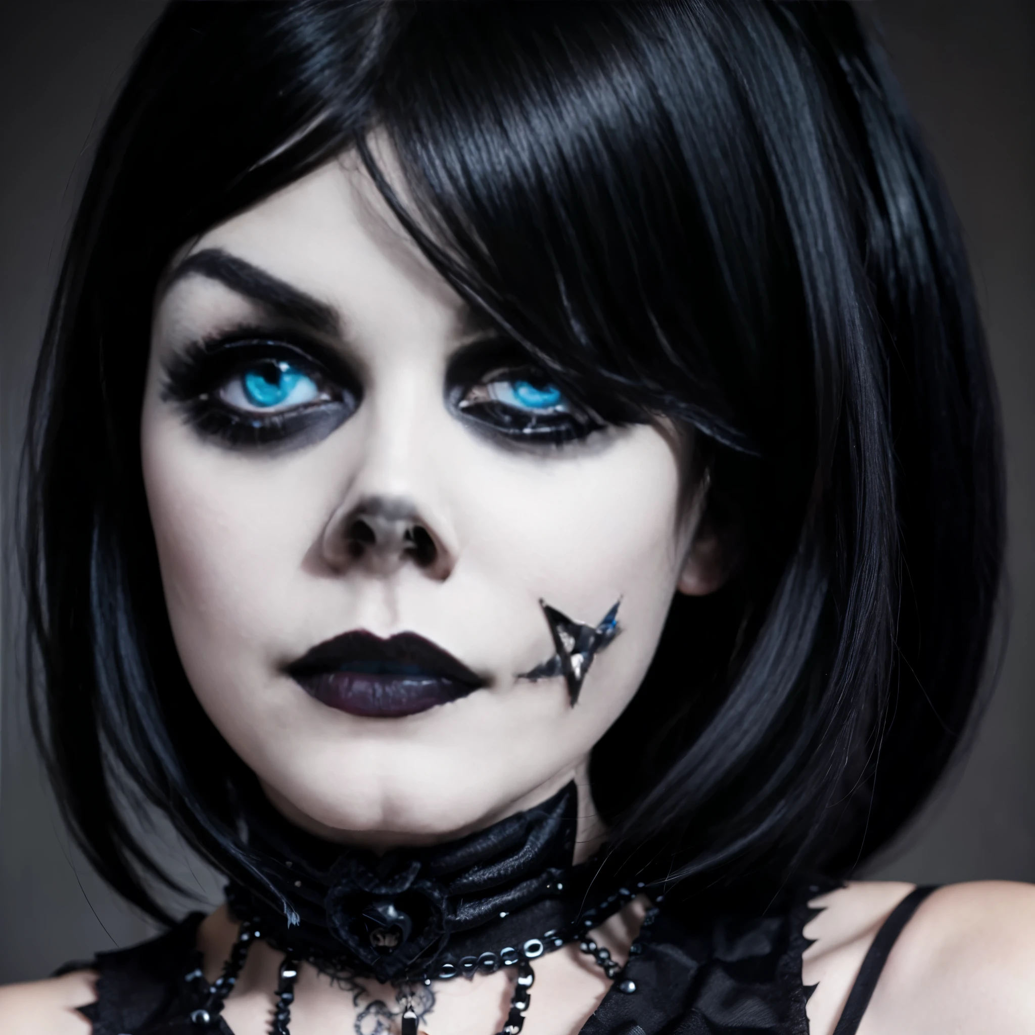 Random scene, (Goth:1.6), black hair, red lipstick, blue eyes, hyper realistic, 8k, vibrant colors, sharp image
