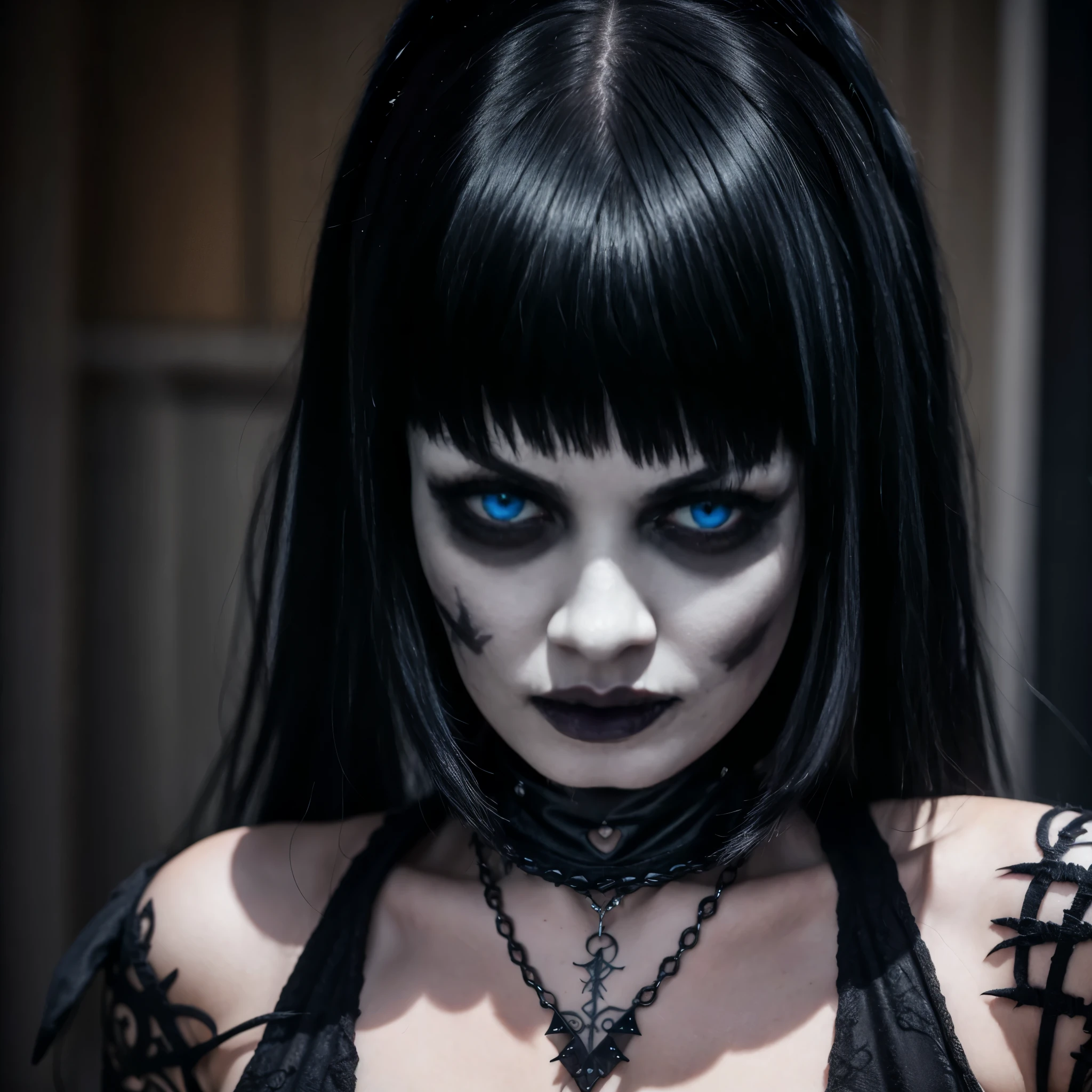 Random scene, (Goth:1.6), black hair, red lipstick, blue eyes, hyper realistic, 8k, vibrant colors, sharp image