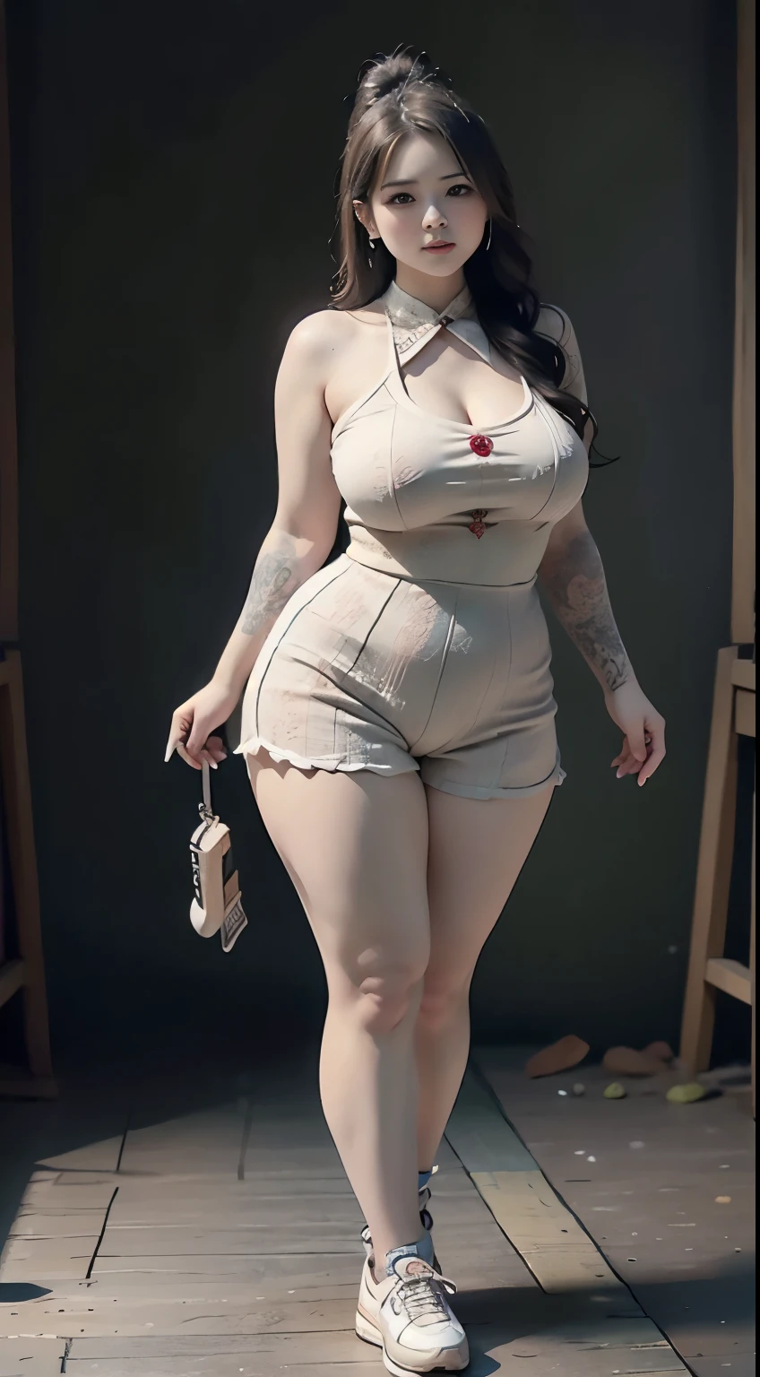 ((best quality)), ((masterpiece)), (detailed), perfect face, Beautiful, mother-in-law, asian-Indonesian , voluptuous,  wearing random clothes (formal), In the black room, seductive expression, chubby body, nice body, milf chubby, chinese-Indonesian. Full body, big arm, wide hips , wearing a sneakers, bob hairstyle, baby face , chubby cheeks, 35 year old, chubby tall woman, tattooed thighs , yakuza tattoos , big thighs, big armpits , chubby massive cheeks , thick neck, cold atmosphere, low light, wavy short haired, big breasts, showing her armpits , thick woman 