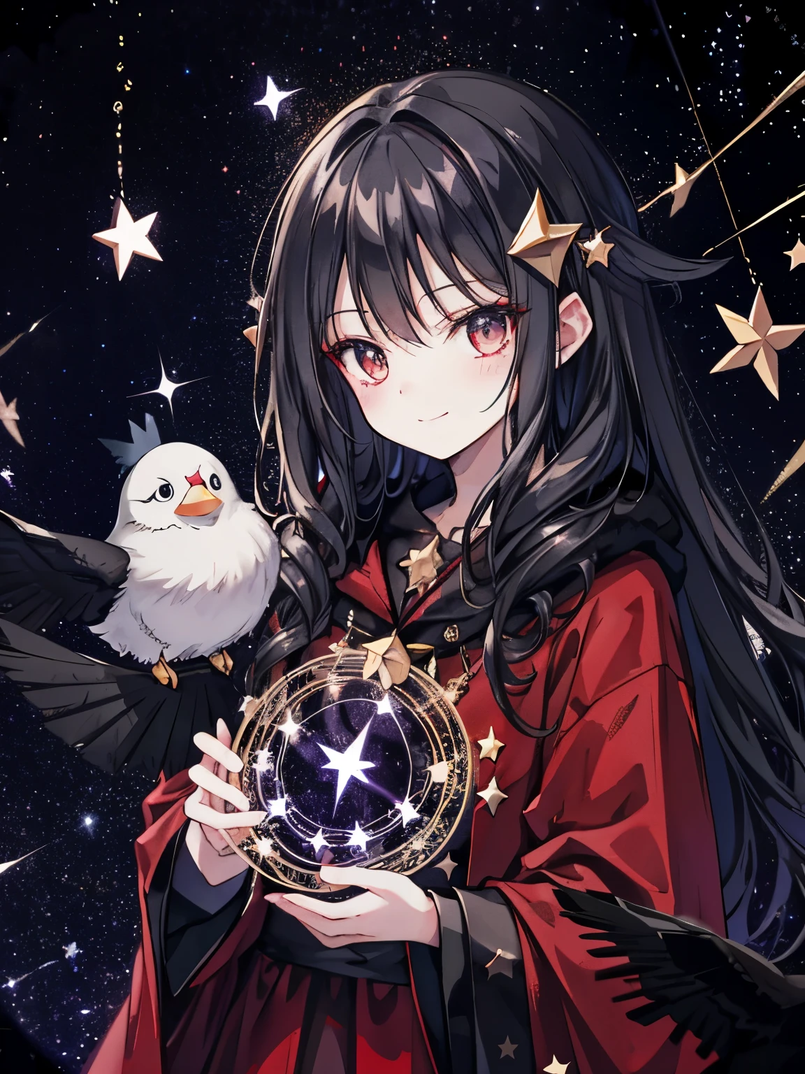 ,dark atmosphere,suspicious smile,Fluffy and voluminous hair,black magic,magic circle,((starlight background:1.3)),((bird collage:1.2)),close up of face,red robe