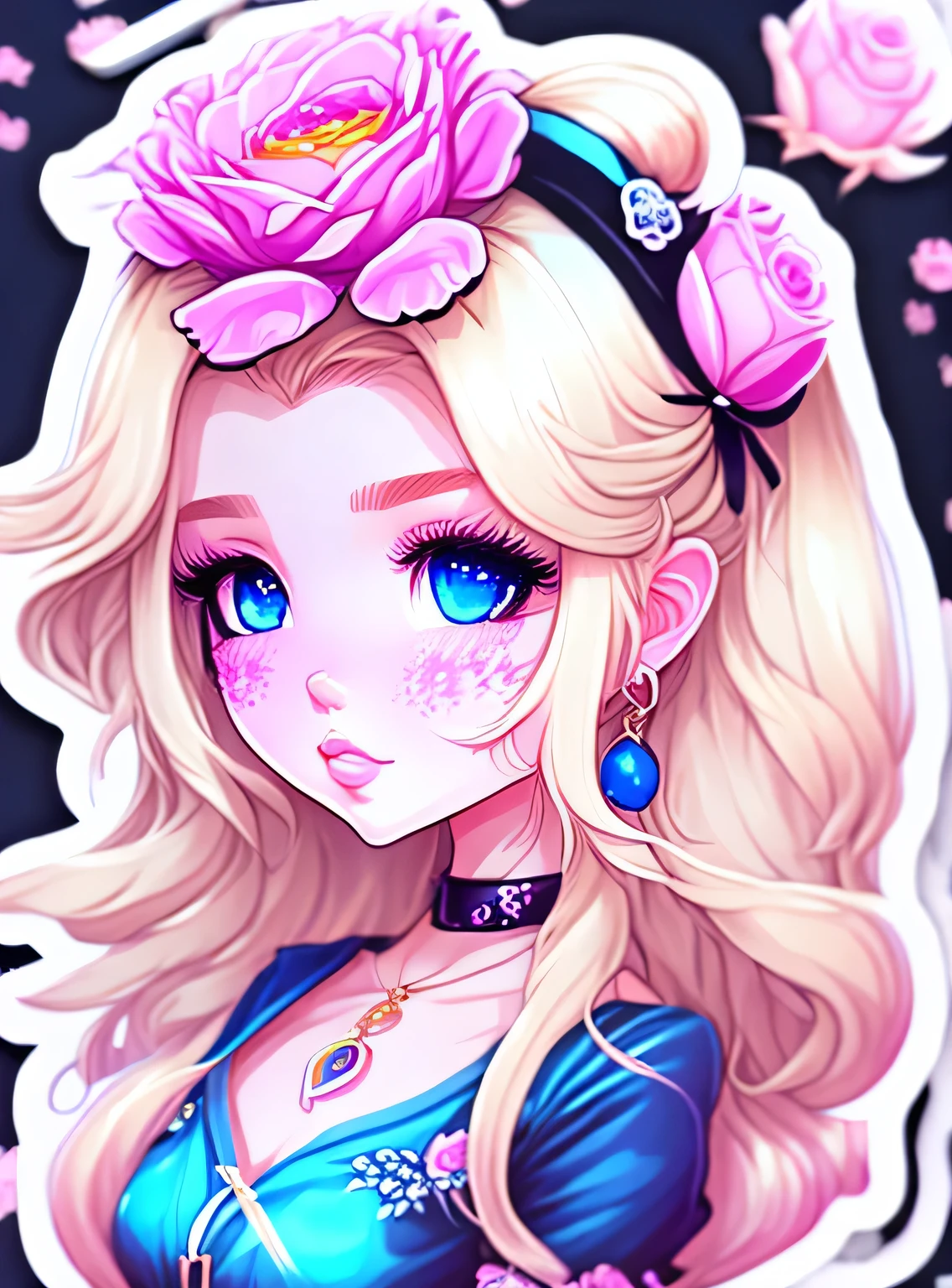 adesivos de anime Chibi Barbie , cabelo loiro longo, estilo vaporwave, rosas no cabelo, dark black eyelashes, olhos azuis, joias neon,digital illustration, comiс style, Anatomia perfeita, centrado, approaching perfection, dynamic, altamente detalhado, Pintura aquarela, Art Station, arte conceitual, suave, sharp focus, illustration, Arte por WLOP e Ross Tran ,
