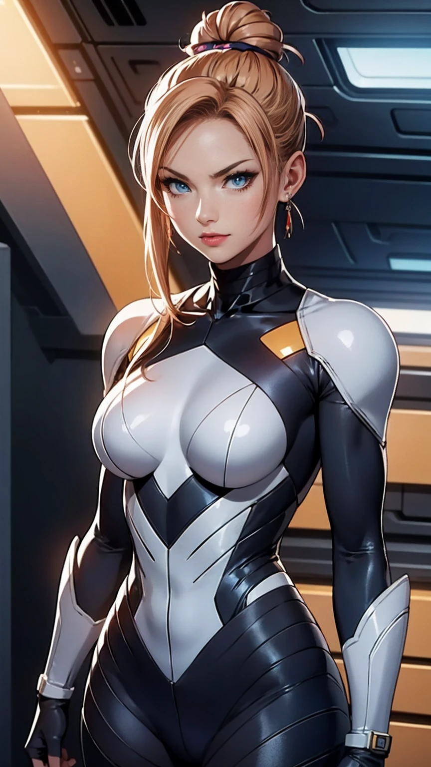 ((1girl, solo, alone, (small breasts), (Reina Morimoto, morimoto_reina, (blue eyes, hair bun, high bun of hair), lipstick)), Space Detective, space ship, galaxy backgroung, woman, (galaxy, cyberpunk armor, female external skeleton, full armor), (red and black combat external skeleton, fighting pose), wasteland, action scene, action pose, masterpiece, rich colors, Backlight, beautiful expression, fantasy art, character art, metallic red and silver combat suit)), (1girl, solo, Reina Morimoto, morimoto_reina, (blue eyes, hair bun, high bun of hair), lipstick)), malicious looks, mole on the face, sensual pose, standing, Beautiful ((muscular, fitness))