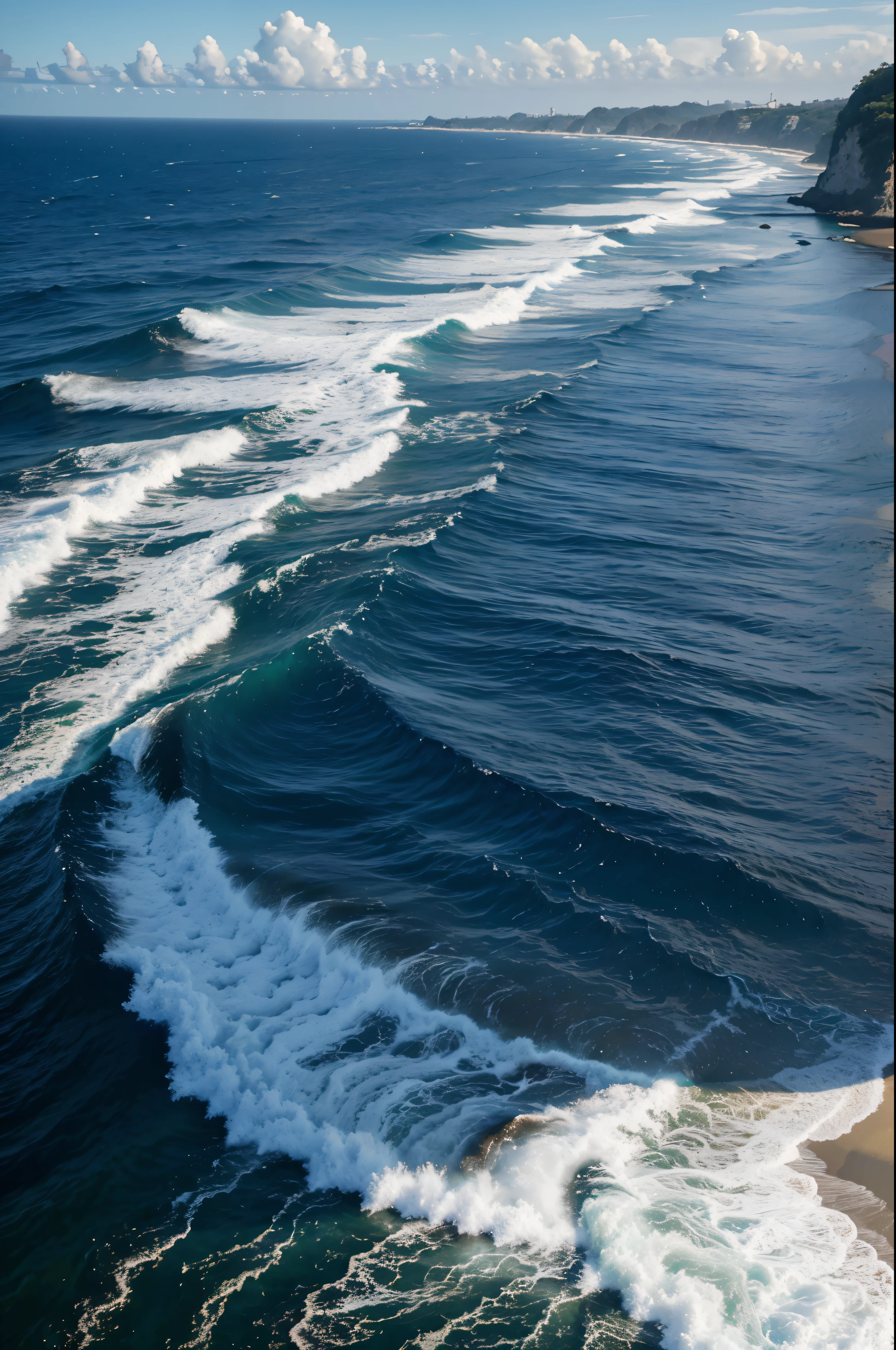 melhor qualidade, obra de arte, ultra high resolution, paisagem, mar e ondas, azul, sol.
