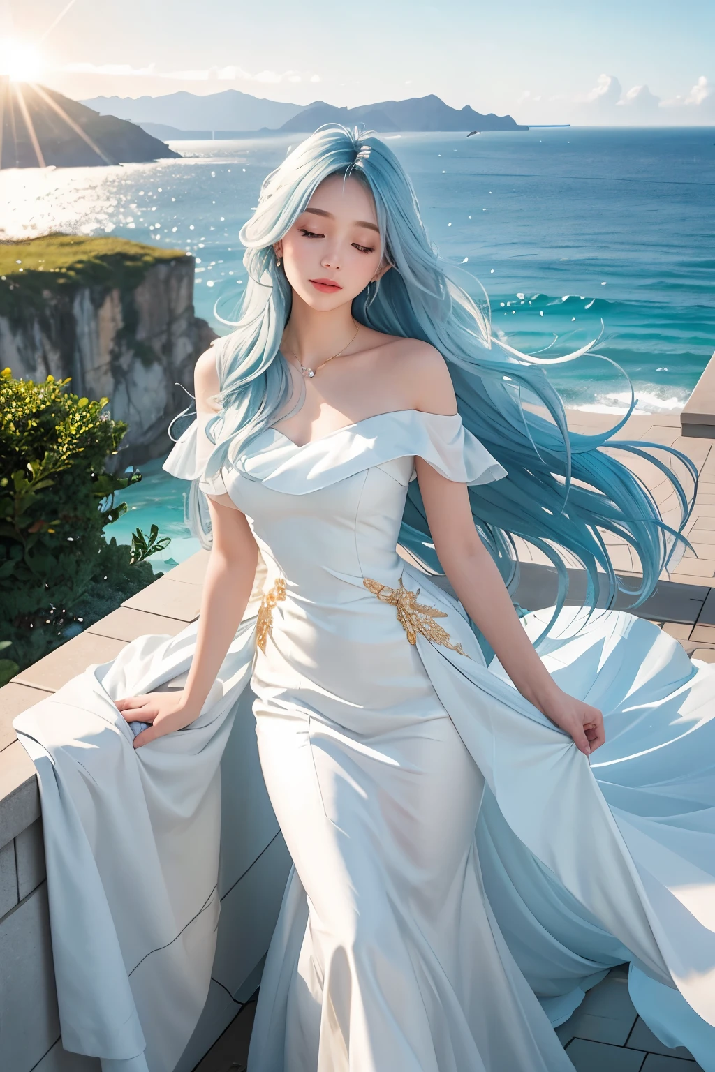 A stunning woman with radiant light blue hair cascading down in soft waves sits gracefully on a rooftop, gazing at the breathtaking ocean view before her. The sun casts its golden rays upon her face, illuminating her delicate features and highlighting the natural brilliance of her hair. Her bright blue eyes sparkle with delight as they take in the breathtaking panorama of the crystalline sea and the distant horizon. Clad in an elegant, flowing dress that rustles gently in the breeze, she exudes a serene and enchanting aura, as if lost in the beauty and serenity of the moment. The vivid blue of her hair complements the deep h