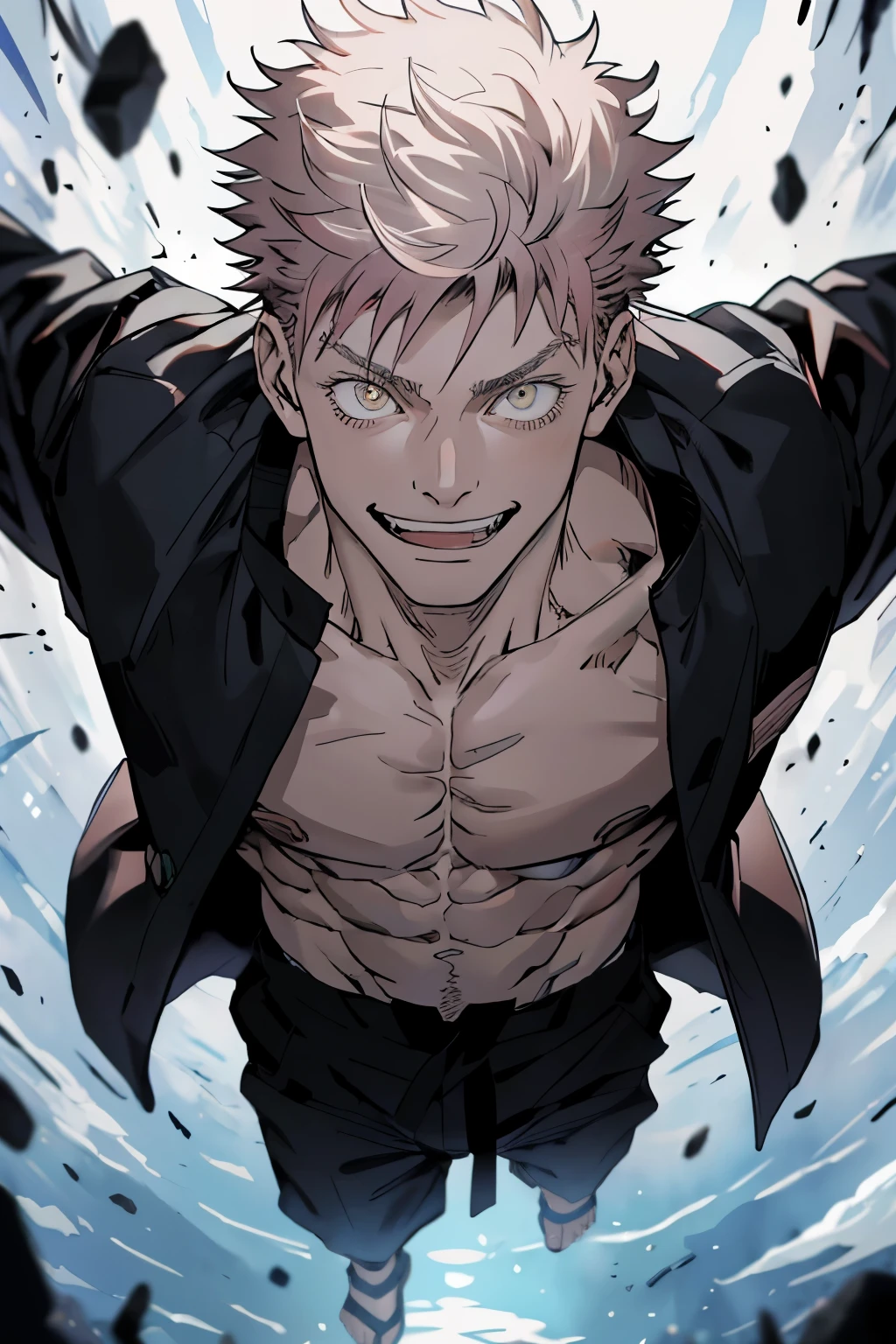 (obra de arte,melhor qualidade), 1 menino, muscular,Evil smile, Jujutsu Kaisen , (action photo, linhas de velocidade,bright circle,linhas brilhantes,Capa de revista, texto,)  Satoru Gojo,cabelo branco,cabelo curto,cabelo entre os olhos,olhos azuis,colored eyelashes, 