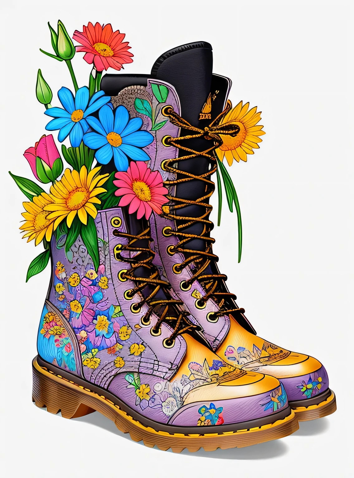 um close de uma bota com flores e uma casa, colorful digital illustration, colorful illustration, muito detalhado e colorido, arte digital altamente detalhada, arte detalhada fofa, arte caprichosa, arte mais detalhada, highly detailed illustration, botas doc marten, Direction: Arthur Adams, Direction: John Backderf, ricamente detalhado colorido, por Randy Post, altamente detalhado e colorido