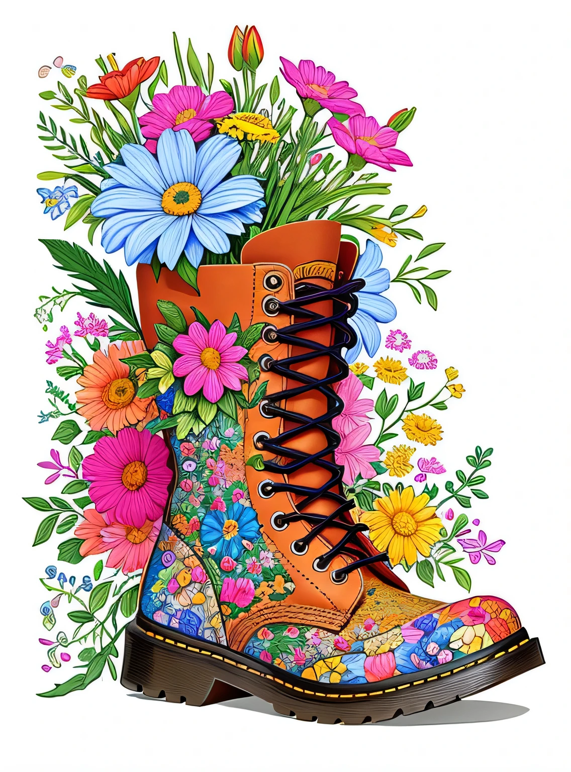 um close de uma bota com flores e uma casa, colorful digital illustration, colorful illustration, muito detalhado e colorido, arte digital altamente detalhada, arte detalhada fofa, arte caprichosa, arte mais detalhada, highly detailed illustration, botas doc marten, Direction: Arthur Adams, Direction: John Backderf, ricamente detalhado colorido, por Randy Post, altamente detalhado e colorido
