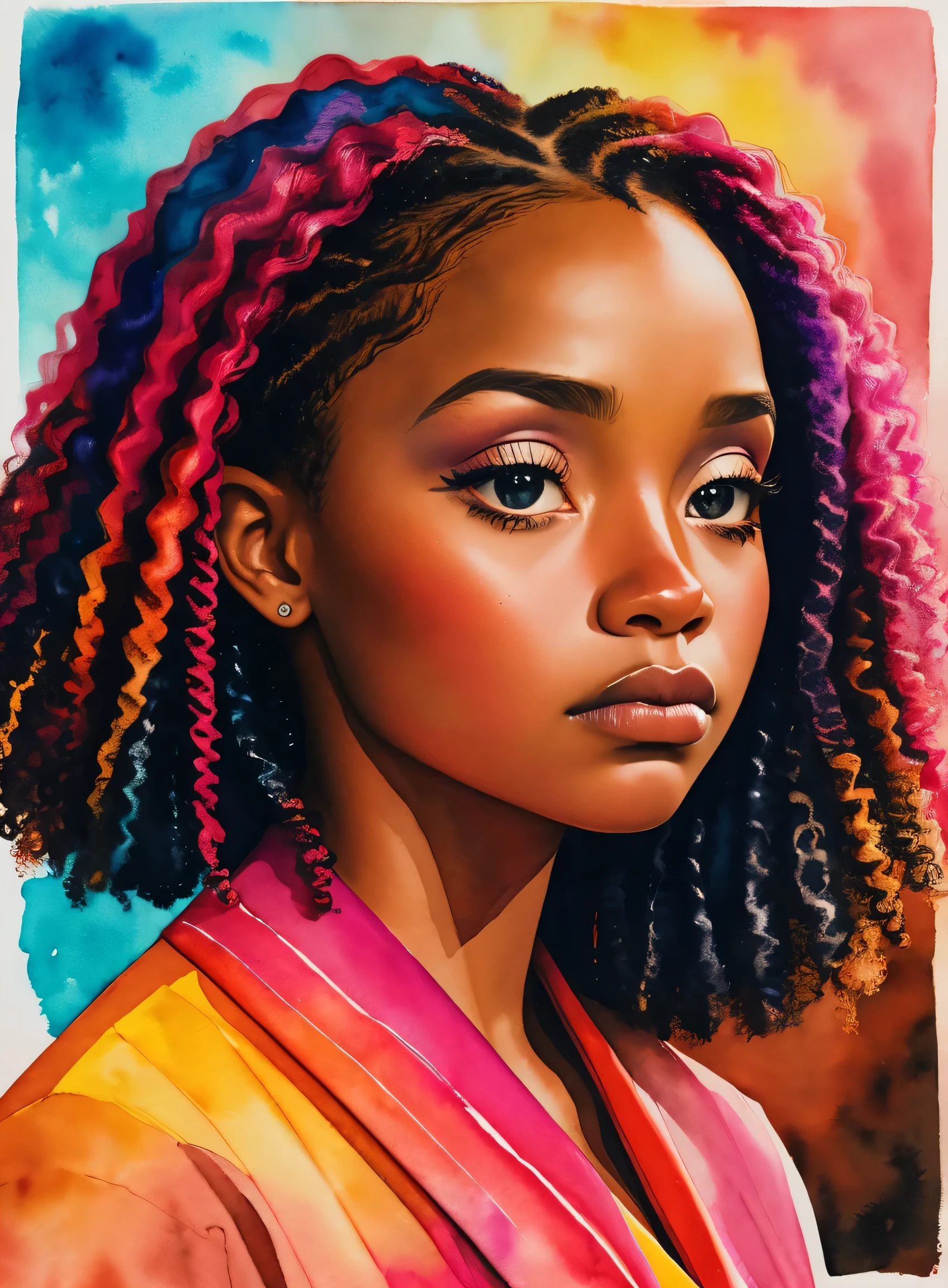 pintura de uma mulher com cabelos cacheados no cabelo, inspirado em Chinwe Chukwuogo-Roy, preta bonita, garota afro-americana, adolescente negra, Medium Close-up, retrato em aquarela, Trends in Art, carrancudo, apathetic, bright curly braids, altamente detalhado, 8k, Ultra HD