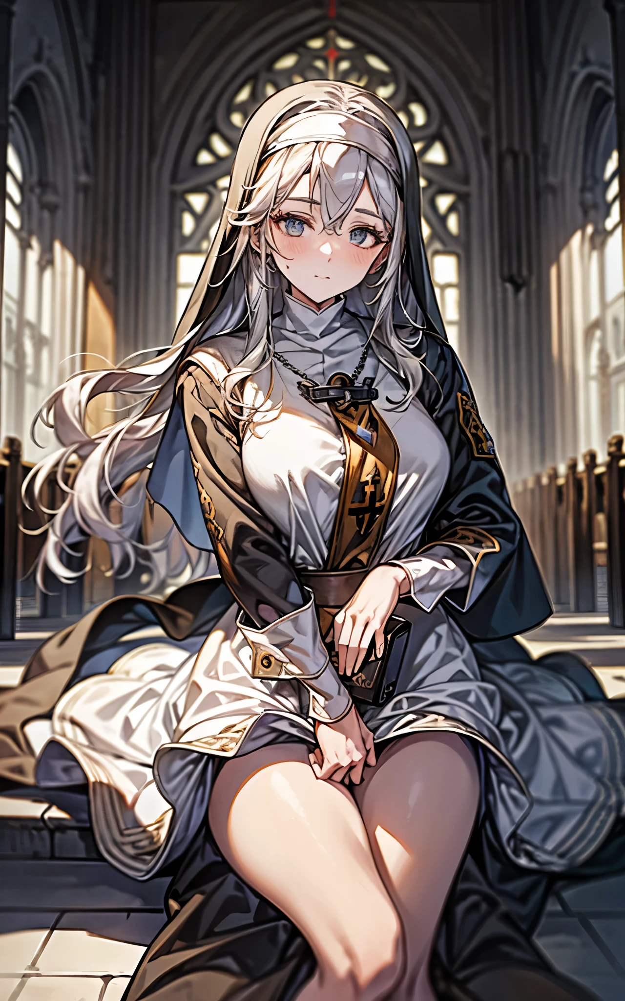 (masterpiece、top-quality、hight resolution), A woman with gray hair and (((dark brown skin))). She is standing confidently, her appearance exuding strength and elegance. The setting is simple, keeping the focus on her distinctive features and composed nature. Adult Actress