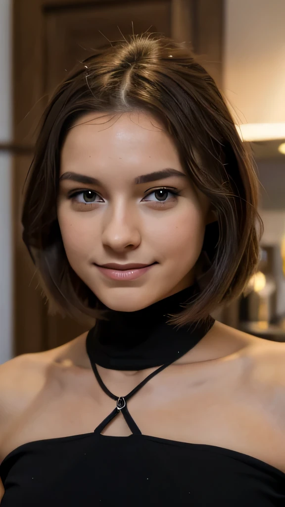 Jeune femme de 21 ans, brune, cheveux très longs, cheveux lisses, ((cheveux noirs)), Yeux verts, souriante, heureuse, fait de la couture, photo réaliste, Haute définition, résolution grain de peau, Chef d'oeuvre.