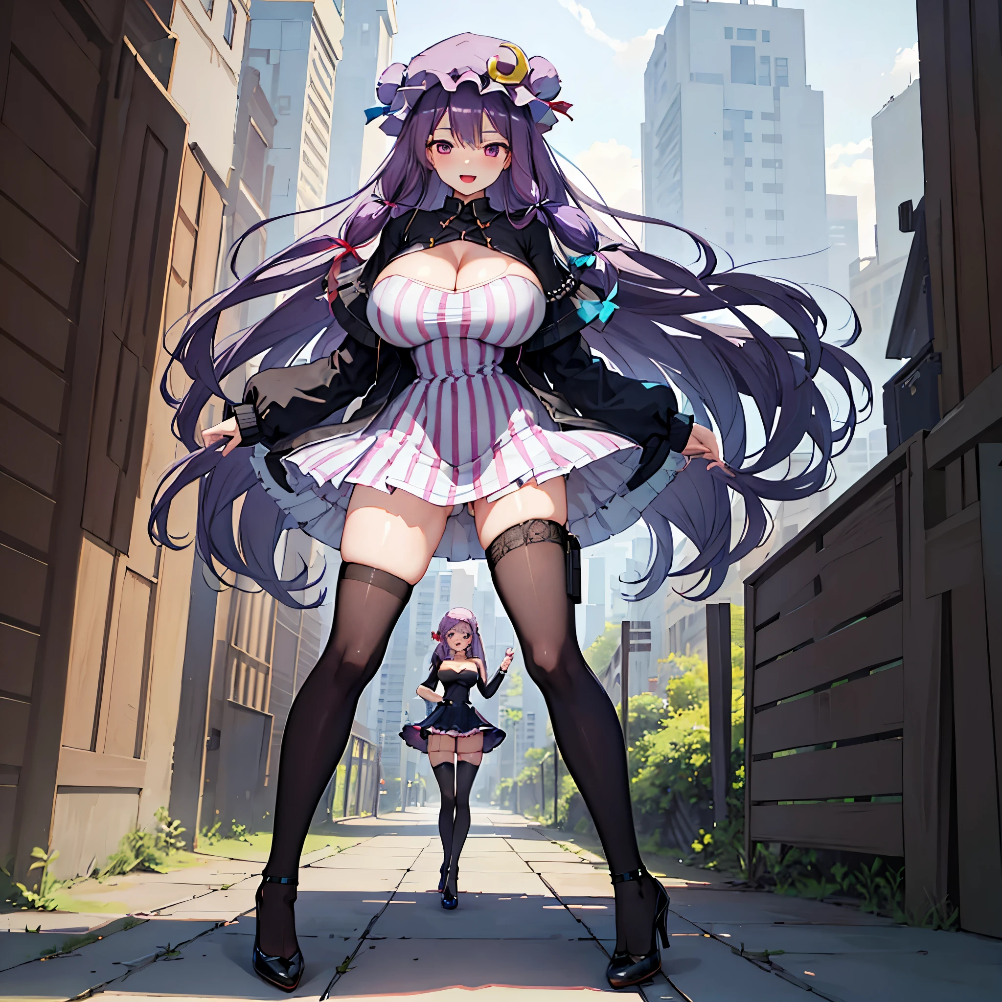 (Patchouli toho character), (standing at lakeside forest), outside, (standing with open legs wide:1.6), (arms behind back), (bending back), tiptoe, pigeon toed, BREAK, (disproportionately gigantic huge breasts:1.2), cleavage, inconceivably thin waist, very short torso, (thin long legs apart:1.23, BREAK, very short miniskirt, thigh gap, (black thighhighs:1.2), highheels, BREAK, smile for viewer, open mouth, nose blush, full body, (pussy juice)