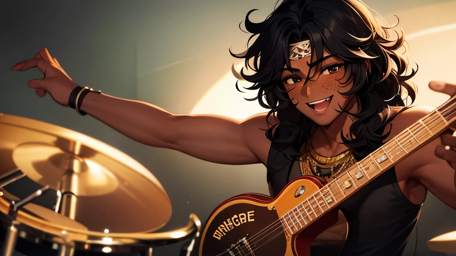 Dark-skinned boy, black curly hair, freckles on his face, happy, taking off a stylized mask, showing a part of his face, playing the drums, high resolution, high details, 4K, ultra hd