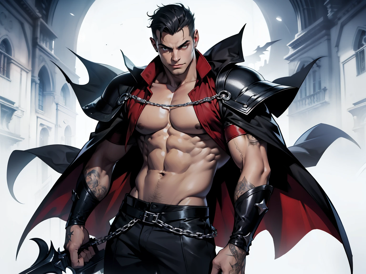 muscular vampire, Mexican wrestler, the black bat
Highest image quality，male people，，1 boy，Young and handsome，shoun，black color hair，Short flat top hair，Dark skin，anime big breast，anime wallpaper，Solo，malefociefs，Dilation of the pectoral muscles，Red cape， Bulging crotch， background，spread their legs，Sexy,(Masterpiece, Best quality),Long white socks，Red Martin boots，