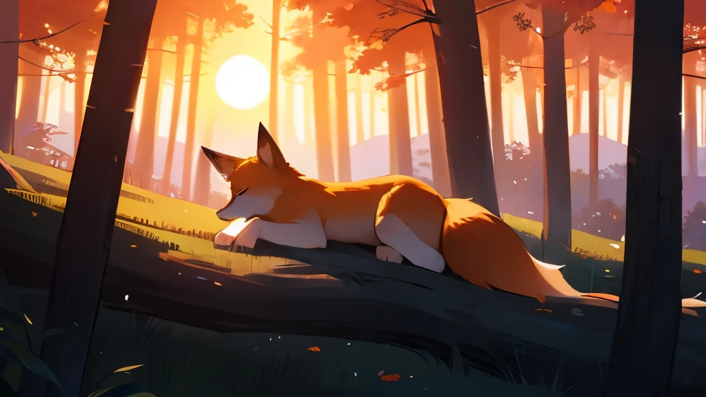 Feral fox, female, canine pussy, anus, sleeping in the bush , sunset 