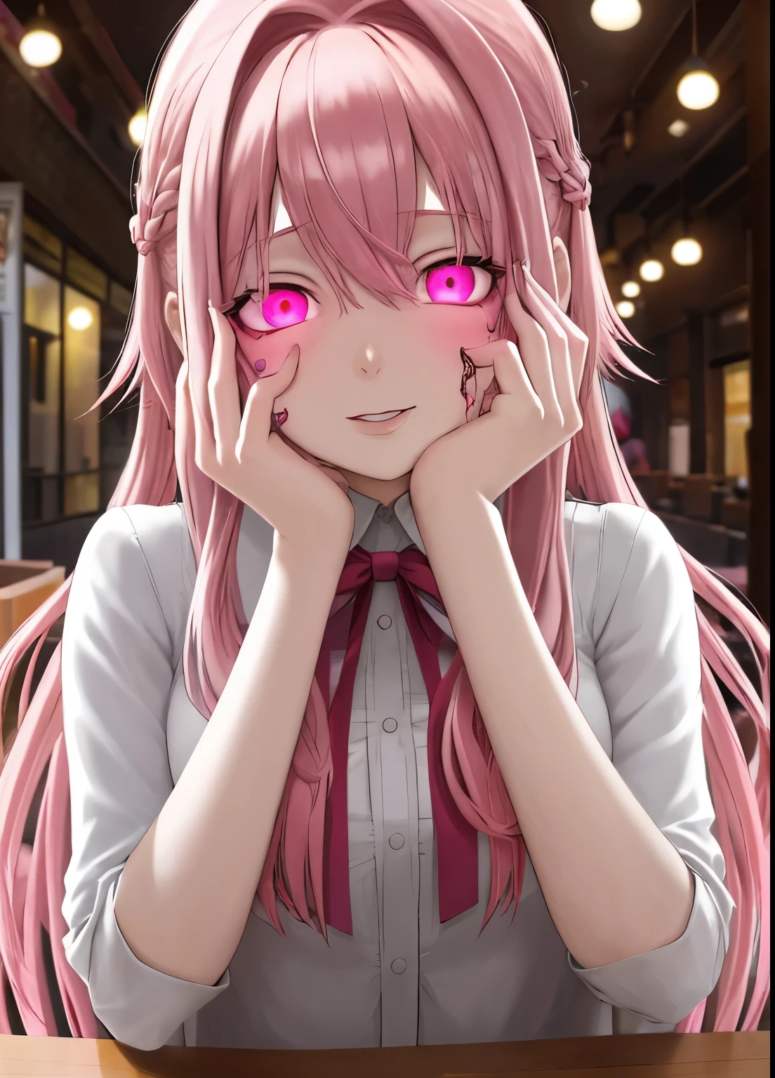 ((best quality)), ((highly detailed)), masterpiece, absurdres, (pink hair),(detailed eyes, deep pink eyes), (1girl), yandere trance, yandere, hands on own face, hands on own cheeks, shaded face, ((glowing eyes)), (upper body), hexmaniacms, ((@.@)), bags under eyes, ahoge, headband, black hair, pale skin, big breasts, , pink clothes, (at a cafe, coffee, noon)