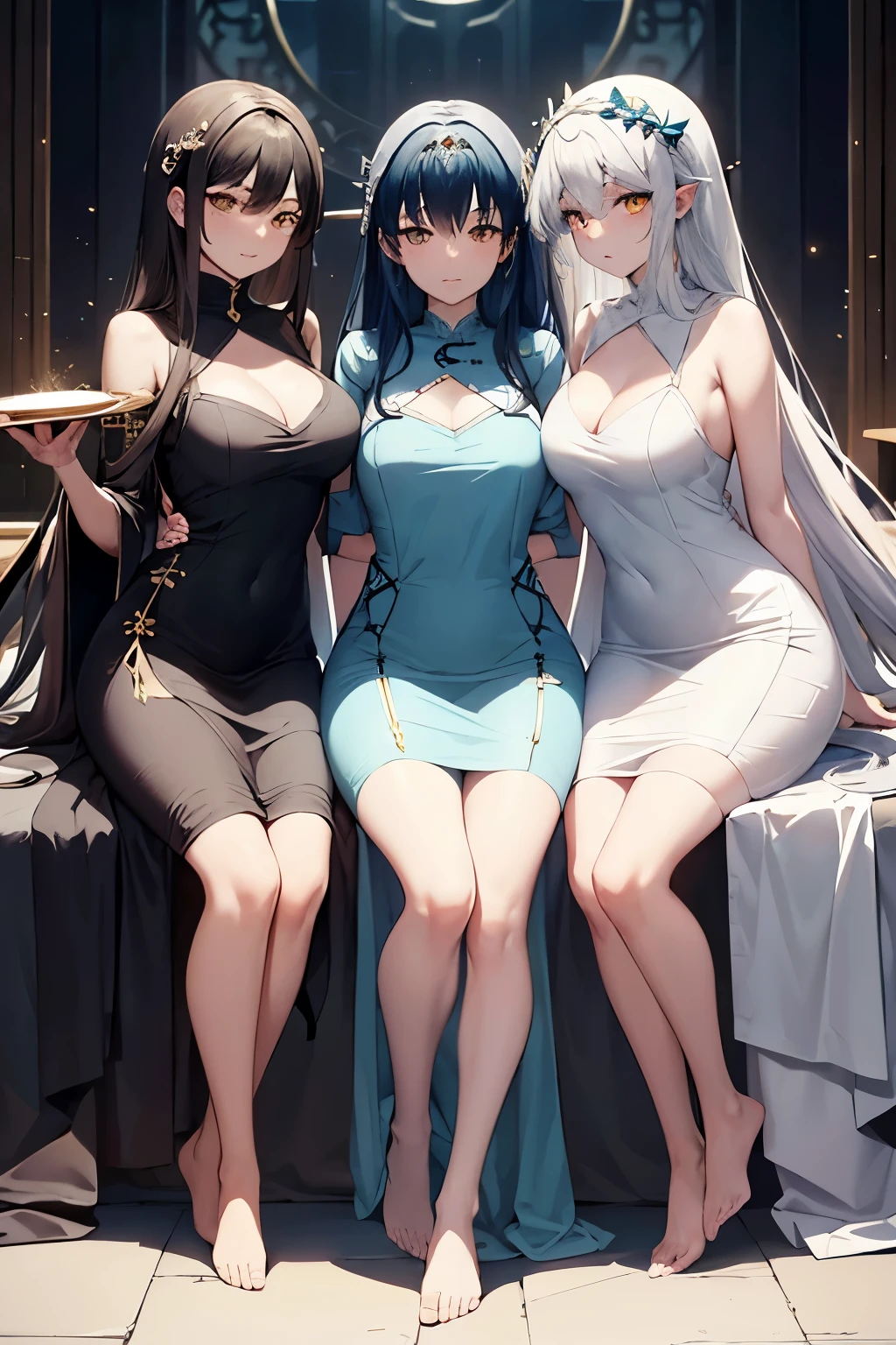 Three adult women with lightly yellow eyes and dark blue hair stand before you, their pale skin glowing in the soft light. Their slim faces are framed by cascading waves of hair, reminiscent of the enchanting character Rozemyne from "The Ascendance of a Bookworm." They wear qipao dresses, the entire body covered in rich blue velvet, signifying their sacred priestess status in the style of Anyme. Their ample breasts are accentuated by the snug fit of their closed qipos, evoking an air of mysticism and allure.