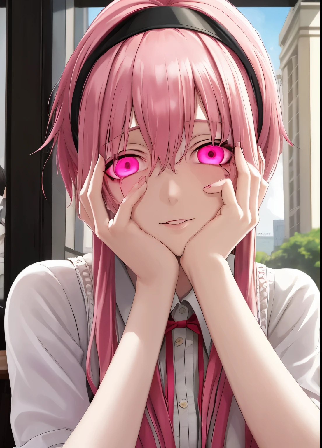 ((best quality)), ((highly detailed)), masterpiece, absurdres, (pink hair),(detailed eyes, deep pink eyes), (1girl), yandere trance, yandere, hands on own face, hands on own cheeks, shaded face, ((glowing eyes)), (upper body), hexmaniacms, ((@.@)), bags under eyes, ahoge, headband, black hair, pale skin, big breasts, , pink clothes, (at a cafe, coffee, noon)