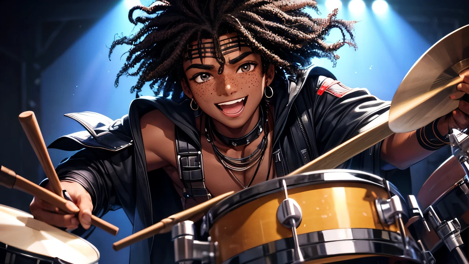 Dark-skinned boy, black curly hair, freckles on his face, happy, taking off a stylized mask, showing a part of his face, playing the drums, high resolution, high details, 4K, ultra hd