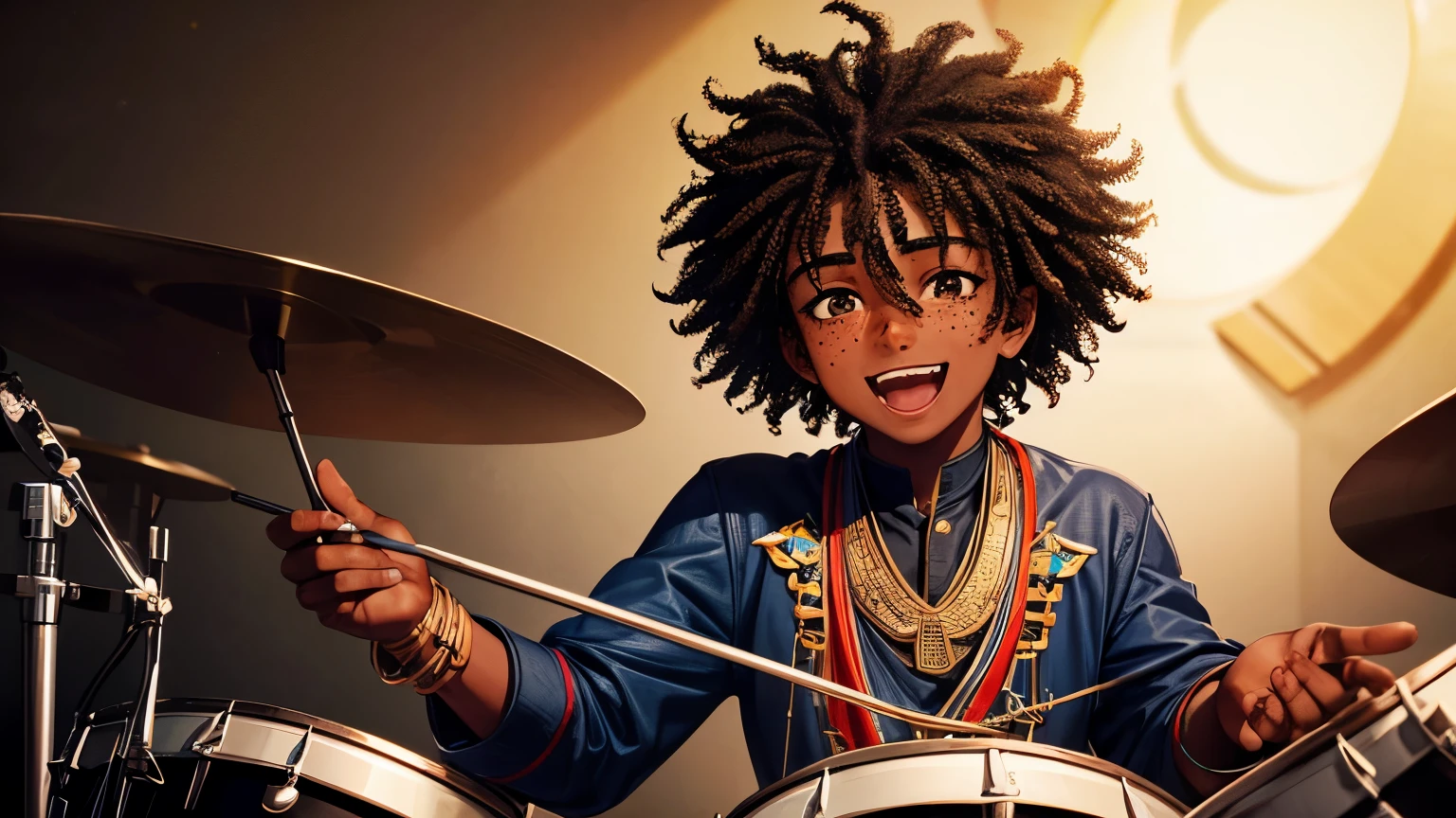 Dark-skinned boy, black curly hair, freckles on his face, happy, taking off a stylized mask, showing a part of his face, playing the drums, high resolution, high details, 4K, ultra hd