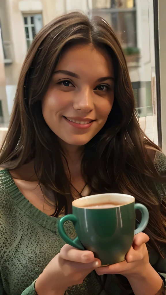 magnifique brunette au caffé, gros pull vert, tiens sa tasse à deux mains et regarde par la fenêtre, souriante, heureuse