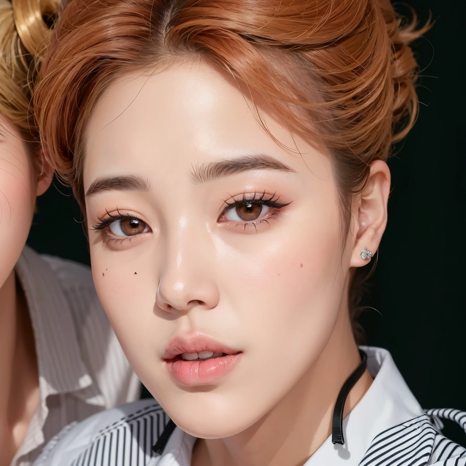 Un primer plano de una persona con corbata y una camisa, Jimin\los labios carnosos, Jimin\his right eyelid is swollen, Jimin\la nariz griega, accurate Jimin face, park Jimin, Jimin, Jung Jaehyun, pale korean adorable face, foto de perfil en la cabeza, TaeJune Kim, hyung tae, kpop idol portrait, maquillaje popular de corea del sur