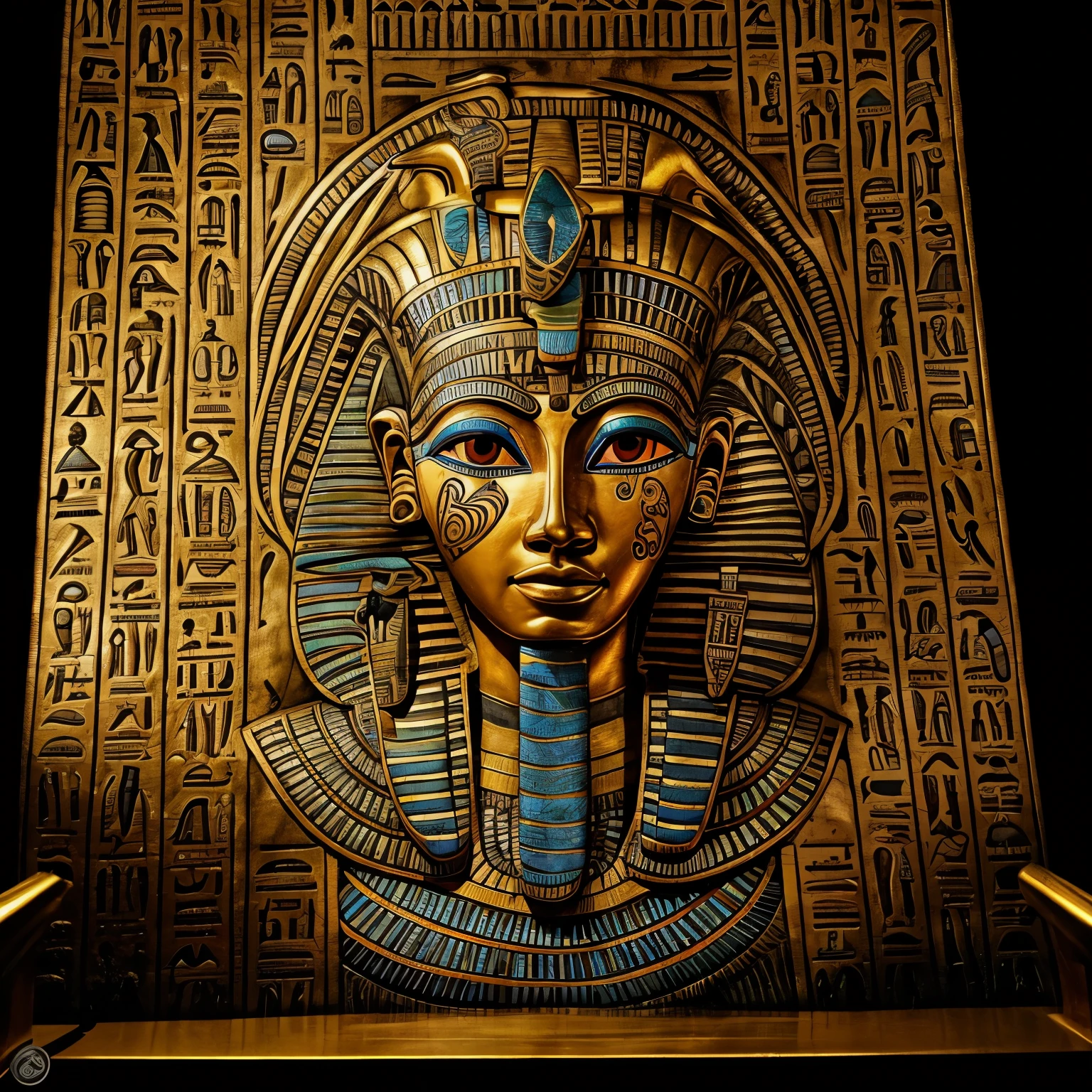 biomachine:1.3, (Egyptian Art:1.2), (colorido:1.2), Hans Giger, (zentangle:1.2), granulado, extremamente detalhado, detalhes intrincados, dynamic lighting, fotorrealista, luz natural, baixo h, obra prima, detalhado 8k, fundo totalmente escuro