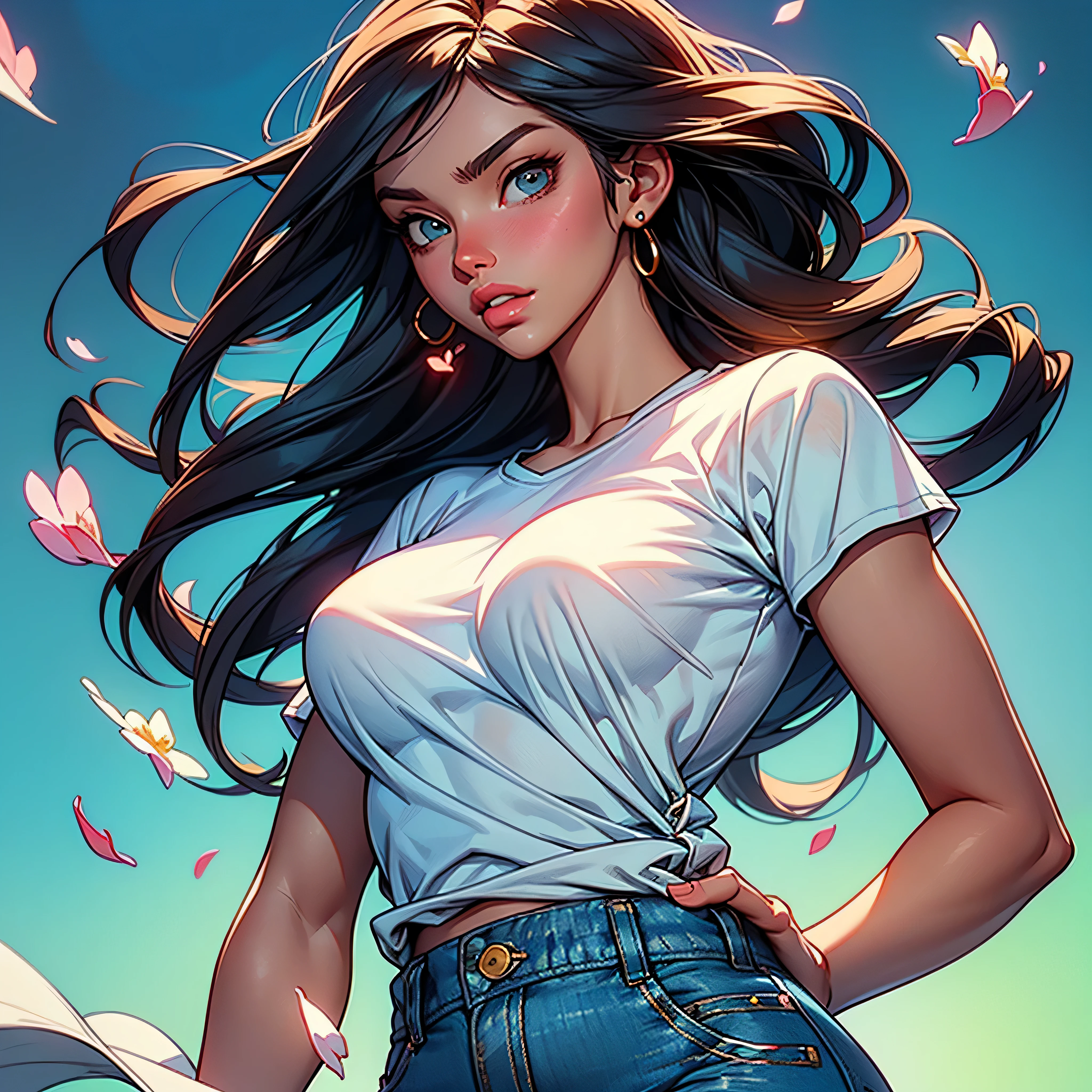 style FANTASTIC::Marc Silvestri ::5.0 COMIX illustration style, Fantastic Paintings--quality ,illustration style, DETAILED ,TATOON STYLE , Adriana Lima , gorgeous woman ULTRA DETAILED, (beautiful and clear background:1.2), (extremely detailed CG, ultra-detailed, best shadow:1.1), ((depth of field)), ((watercolor)), large breasts (with jeans and a white t-shirt:1.3), bare shoulders, flowers and petals, beautiful concept illustration , (white background:0.5), (illustration :1.1), (extremely fine and beautiful:1.1), (perfect details:1.1) varied multi etc. --v 6 --s 1000 --c 20 --q 20 --chaos 100