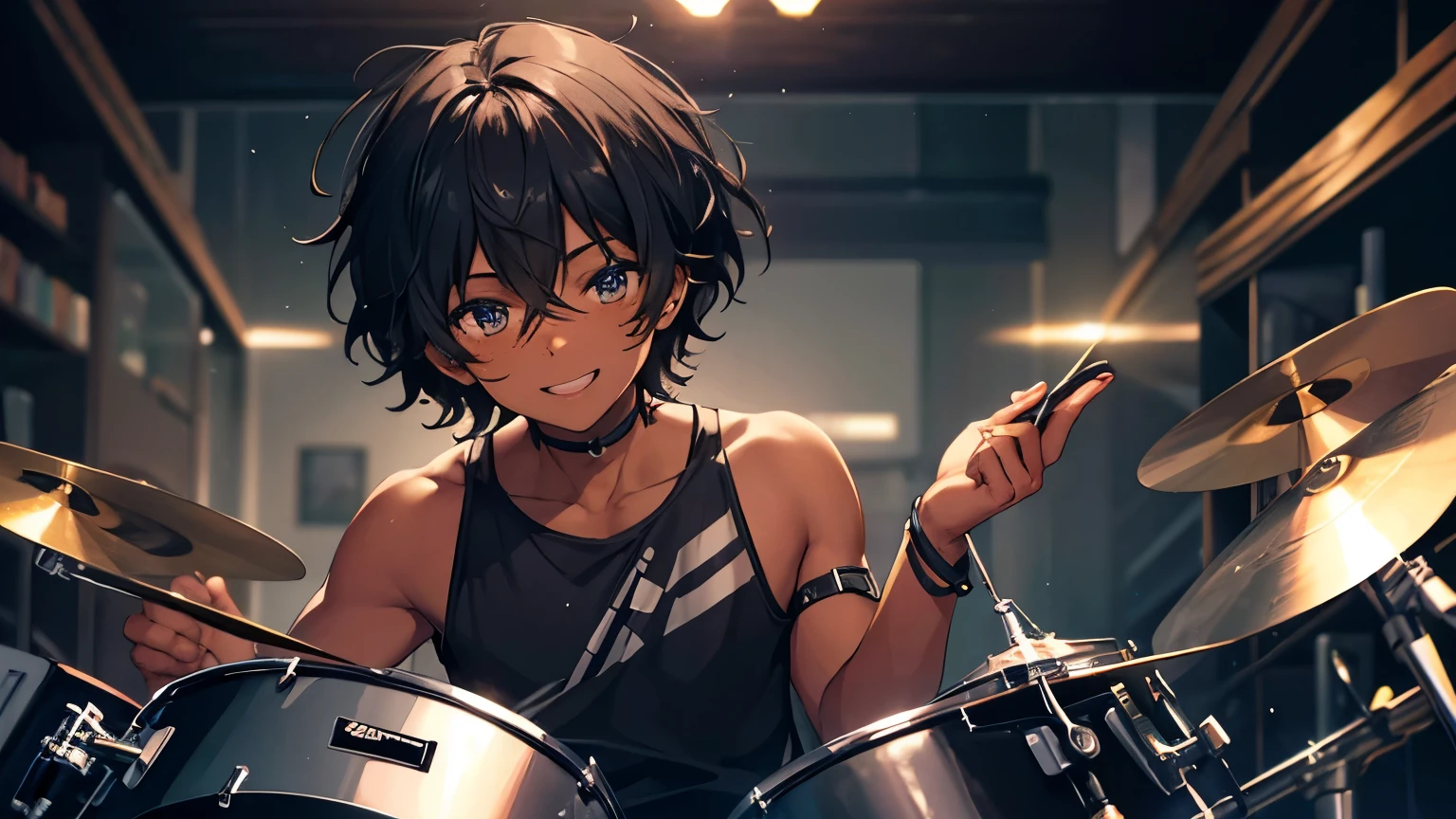 Dark-skinned boy, black curly hair, freckles on his face, happy, taking off a stylized mask, showing a part of his face, playing the drums, high resolution, high details, 4K, ultra hd