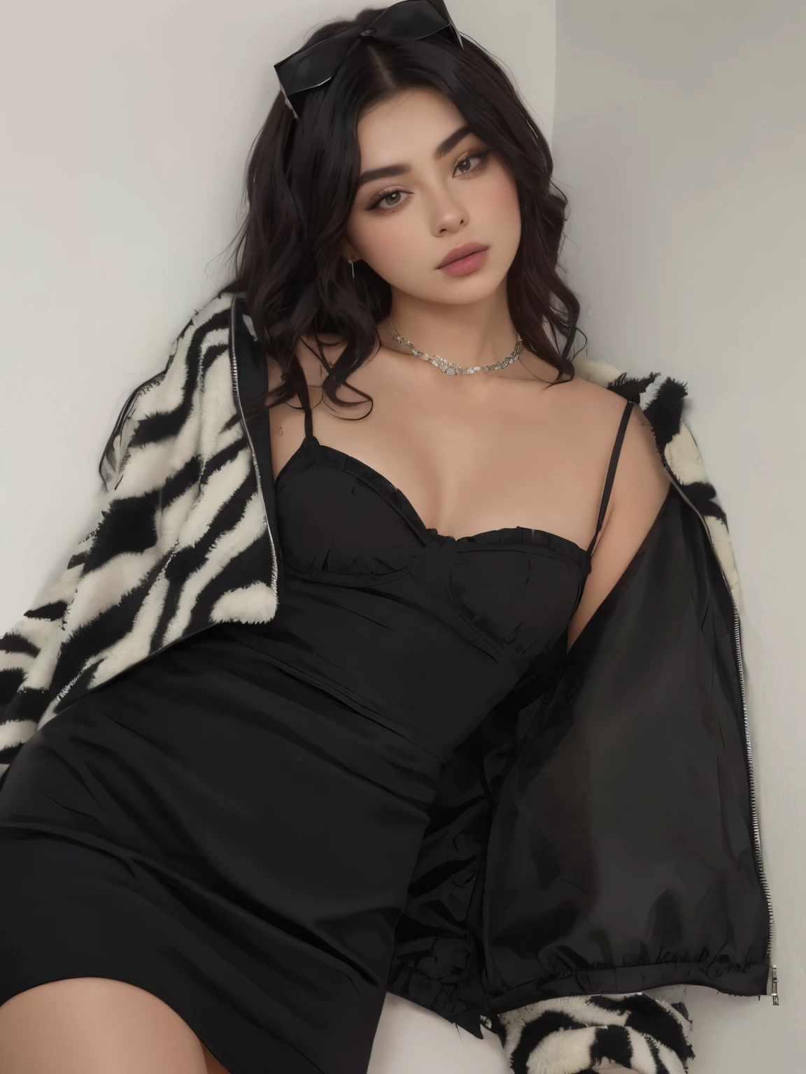 araffe woman in a vestido negro and a zebra print jacket, charli xcx, charli bowater, dama seductora, mirada sexy, she is wearing a vestido negro, Dua Lipa, hermosa dama, bochornoso look, vestido sexy, bochornoso, foto de perfil, foto de perfil, vestido negro, cerveza suave de la reina del diablo madison, medio rosa, escote